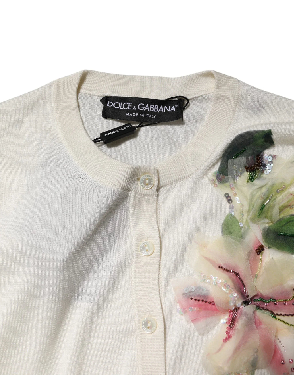 Dolce & Gabbana White Silk Lily Embellished Cardigan Sweater - Zeiniez