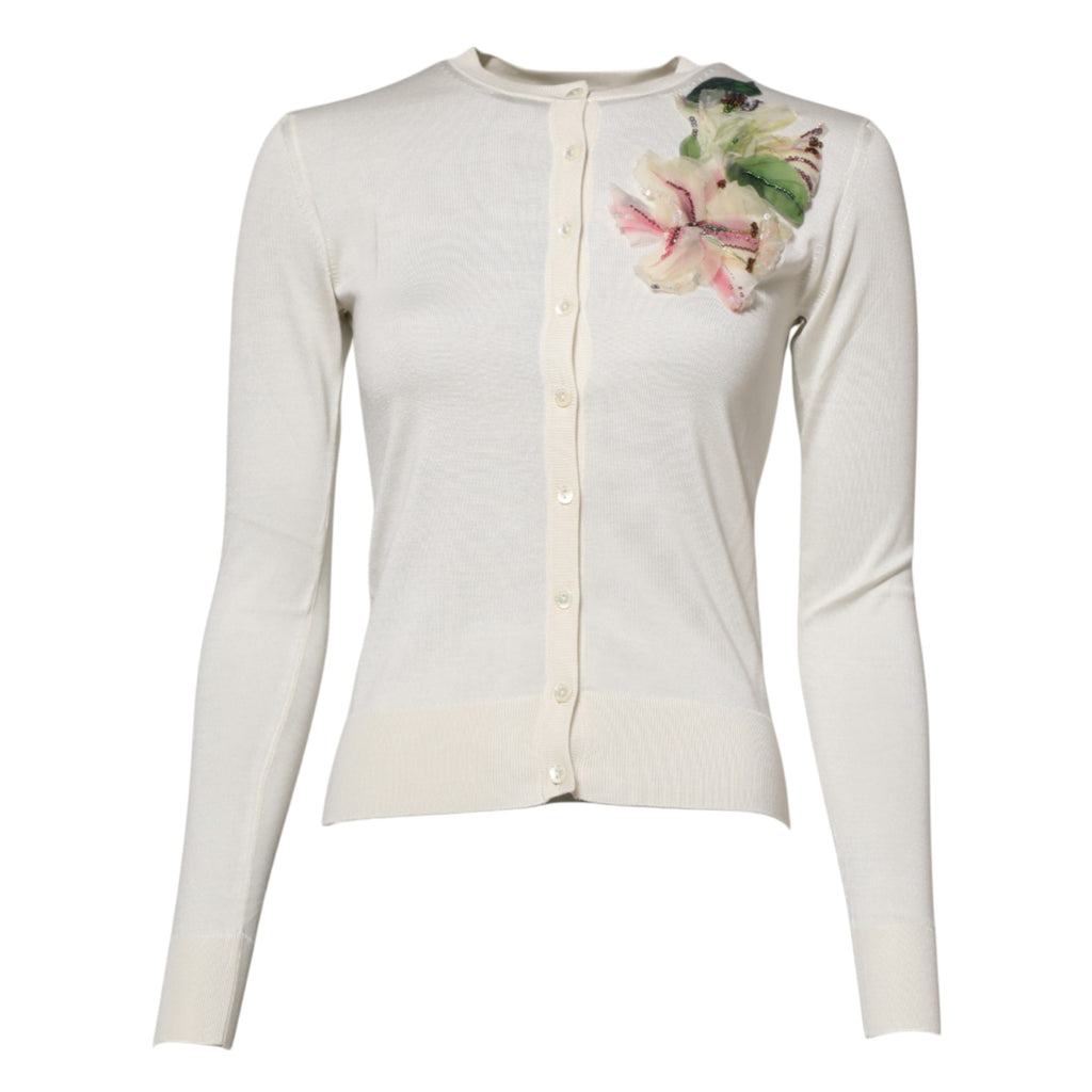 Dolce & Gabbana White Silk Lily Embellished Cardigan Sweater