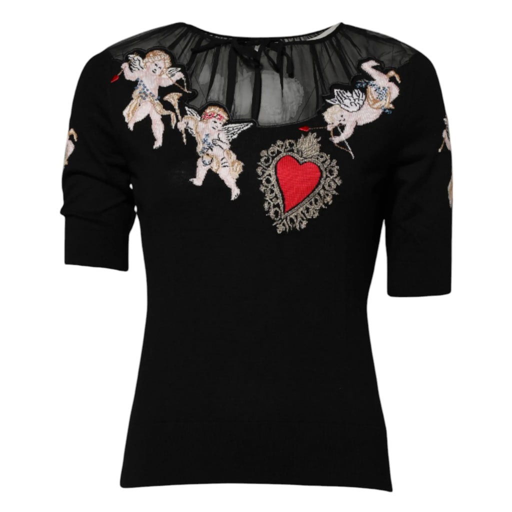 Dolce & Gabbana Black Sacred Heart Embroidered Crewneck Top - Zeiniez