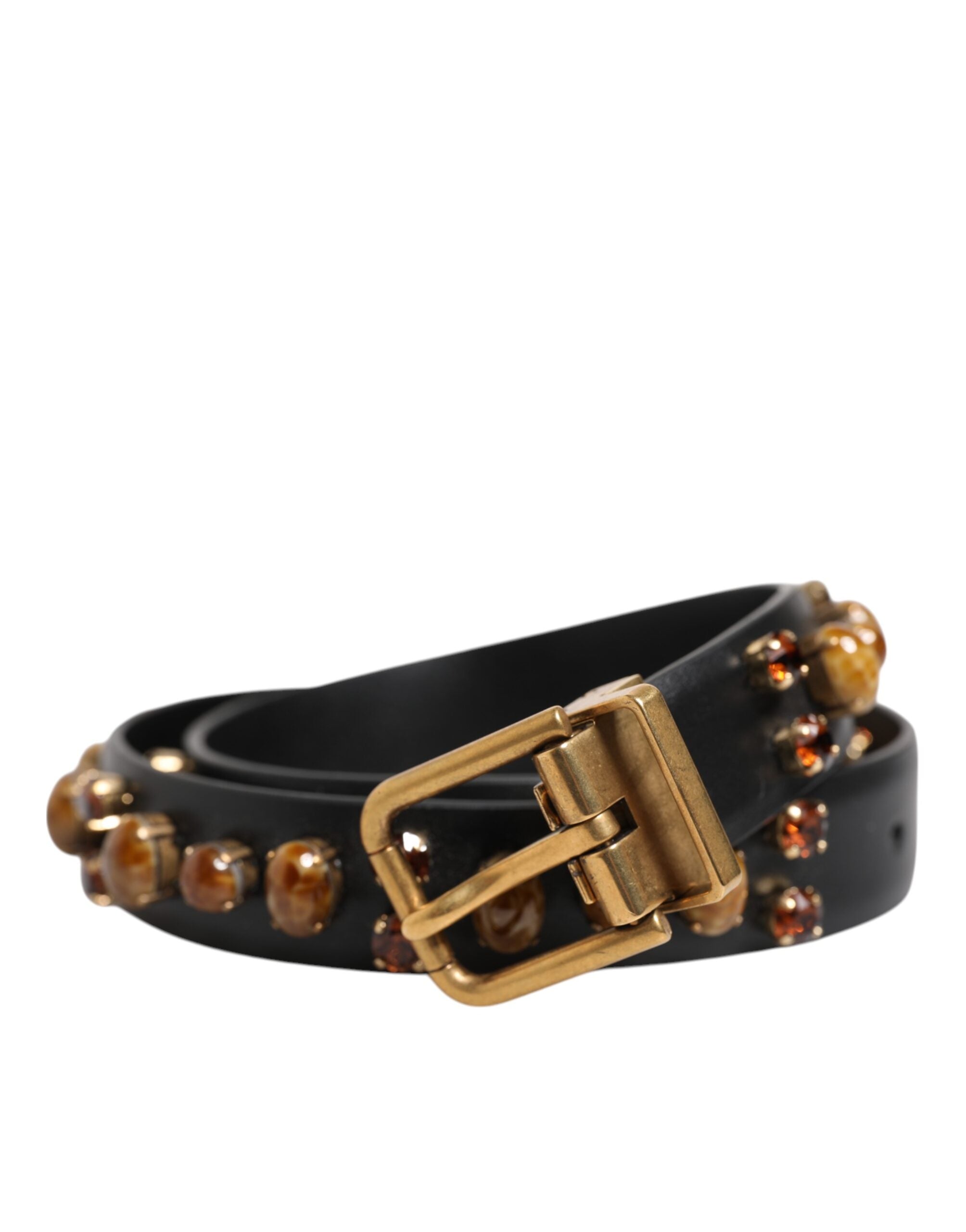 Dolce & Gabbana Black Leather Studded Gold Tone Buckle Belt - Zeiniez