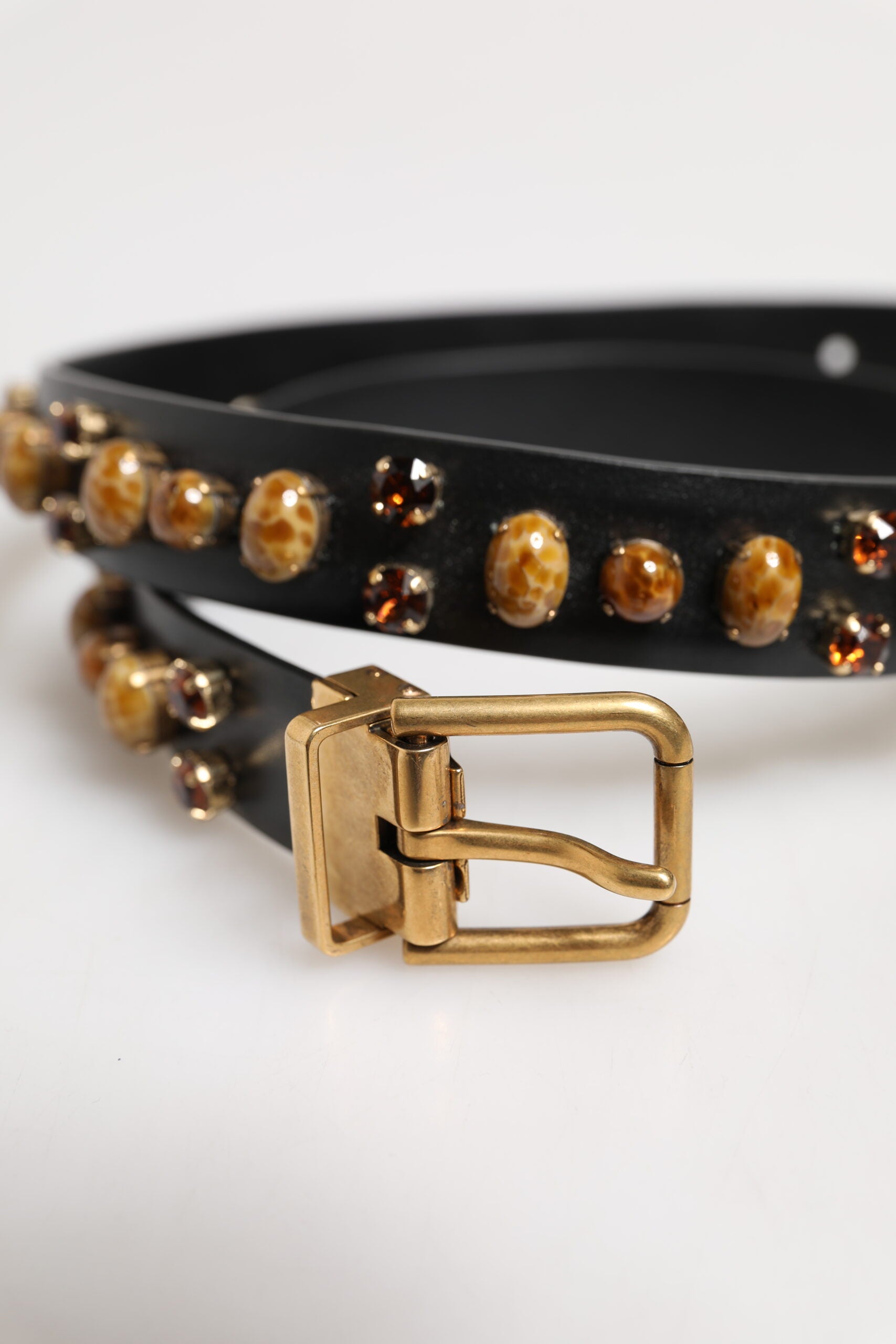 Dolce & Gabbana Black Leather Studded Gold Tone Buckle Belt - Zeiniez