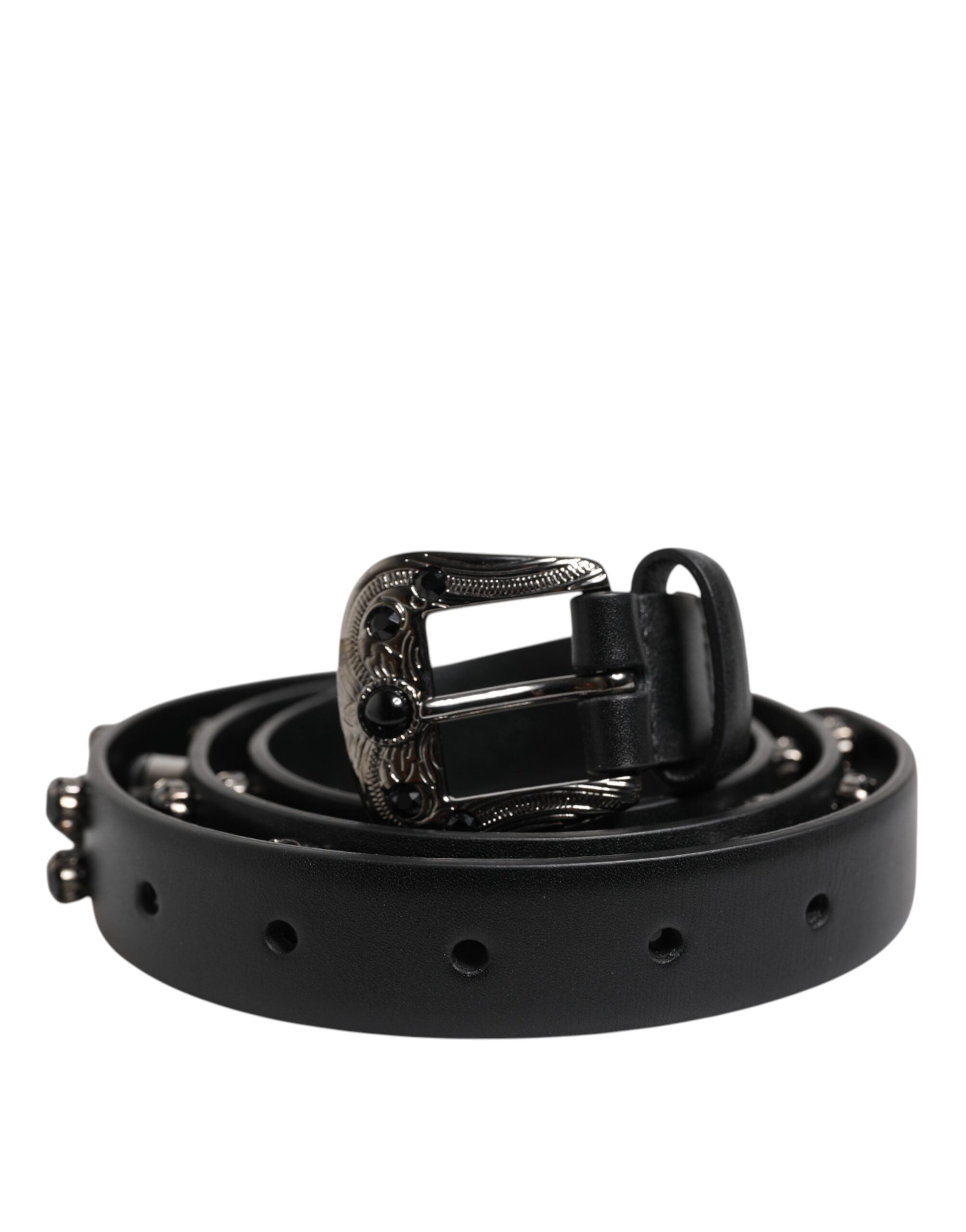 Dolce & Gabbana Black Studded Leather Metal Logo Buckle Belt - Zeiniez