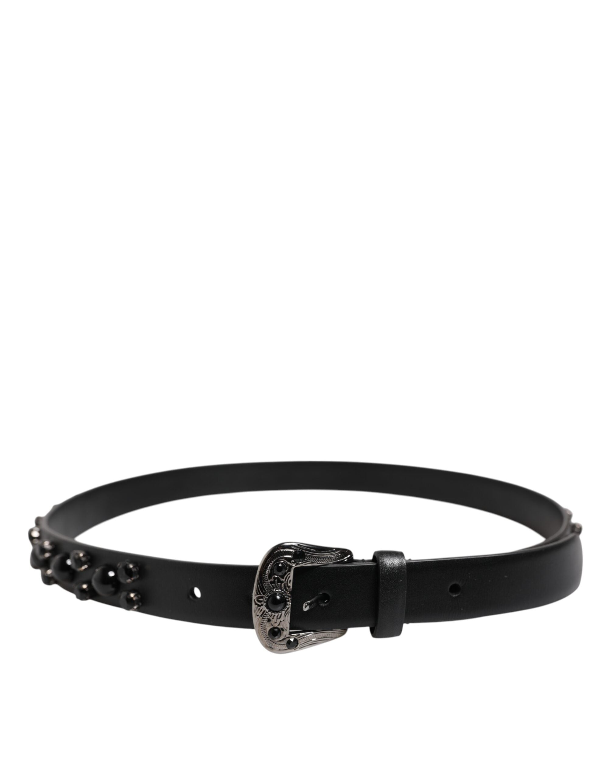 Dolce & Gabbana Black Studded Leather Metal Logo Buckle Belt - Zeiniez