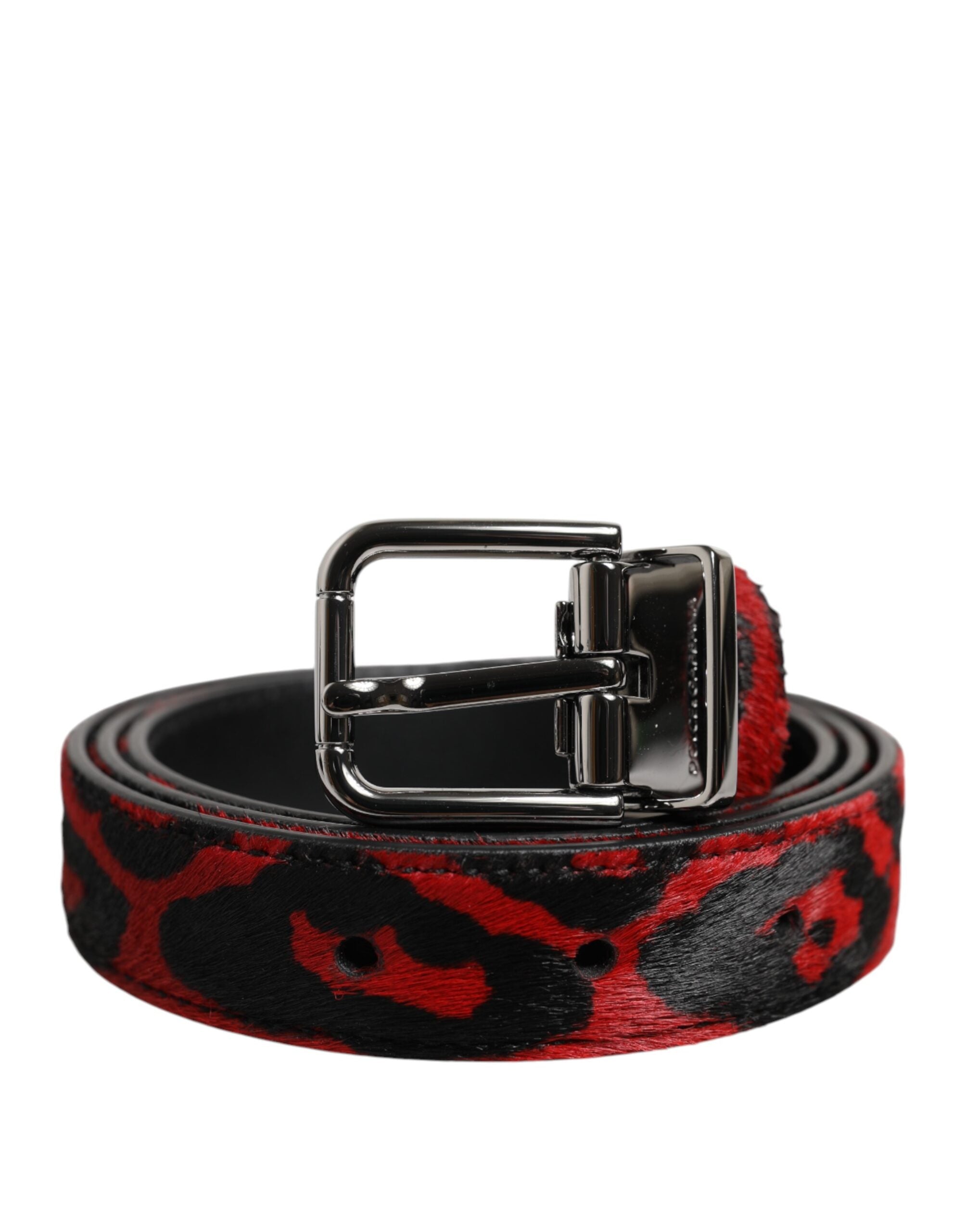 Dolce & Gabbana Black Red Leopard Silver Metal Buckle Belt - Zeiniez