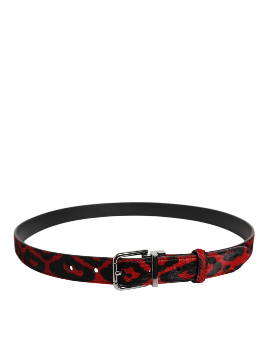Dolce & Gabbana Black Red Leopard Silver Metal Buckle Belt - Zeiniez
