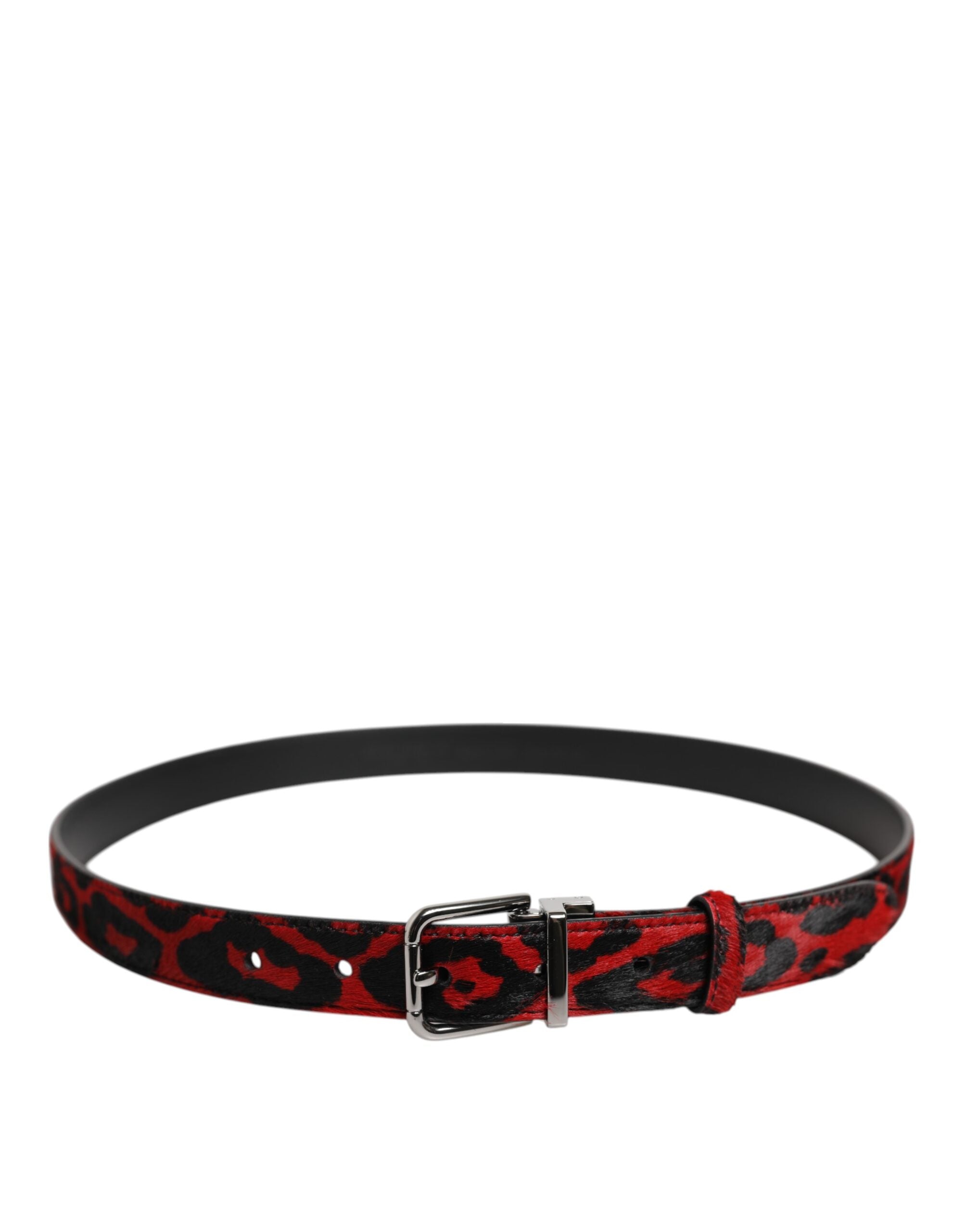 Dolce & Gabbana Black Red Leopard Silver Metal Buckle Belt - Zeiniez