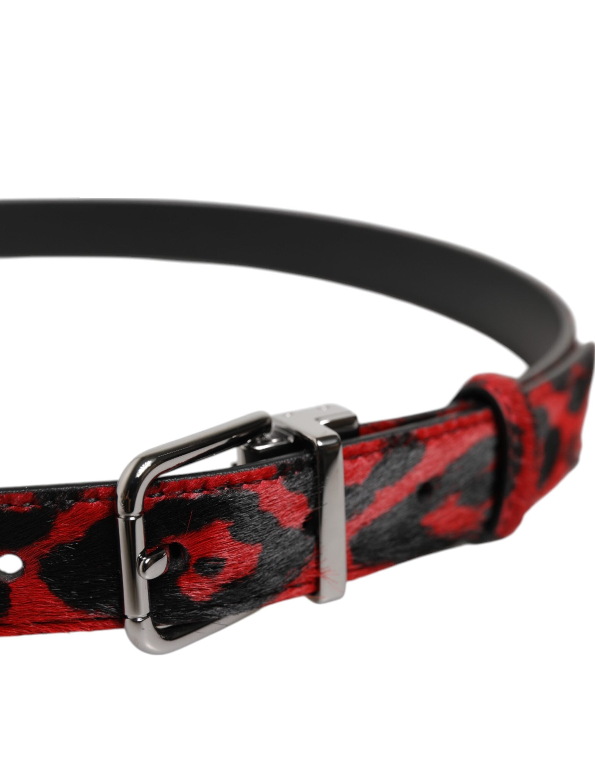 Dolce & Gabbana Black Red Leopard Silver Metal Buckle Belt - Zeiniez