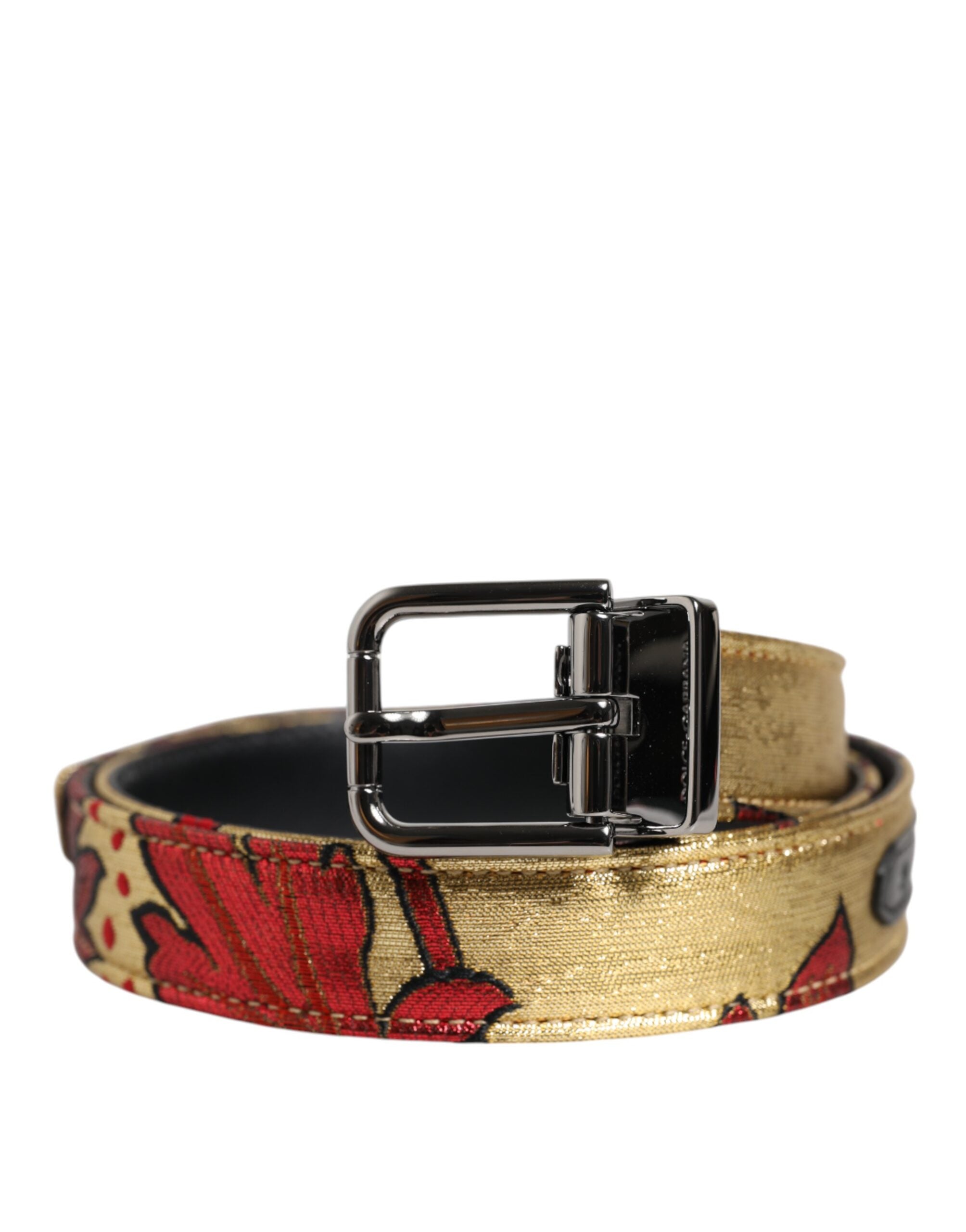 Dolce & Gabbana Gold Floral Jacquard Silver Metal Buckle Belt - Zeiniez
