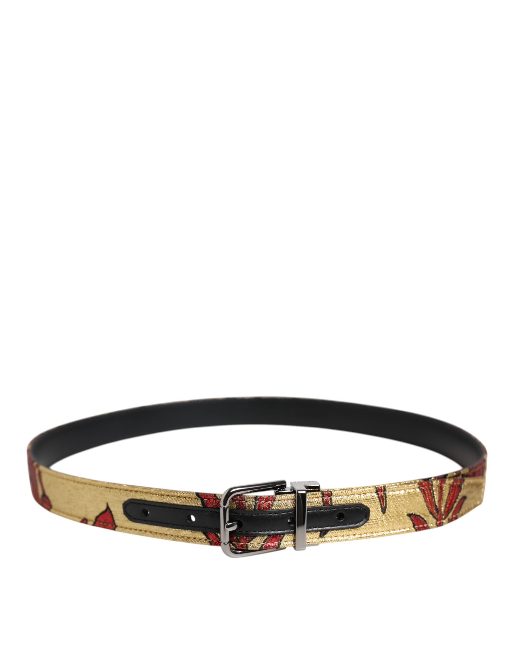 Dolce & Gabbana Gold Floral Jacquard Silver Metal Buckle Belt - Zeiniez