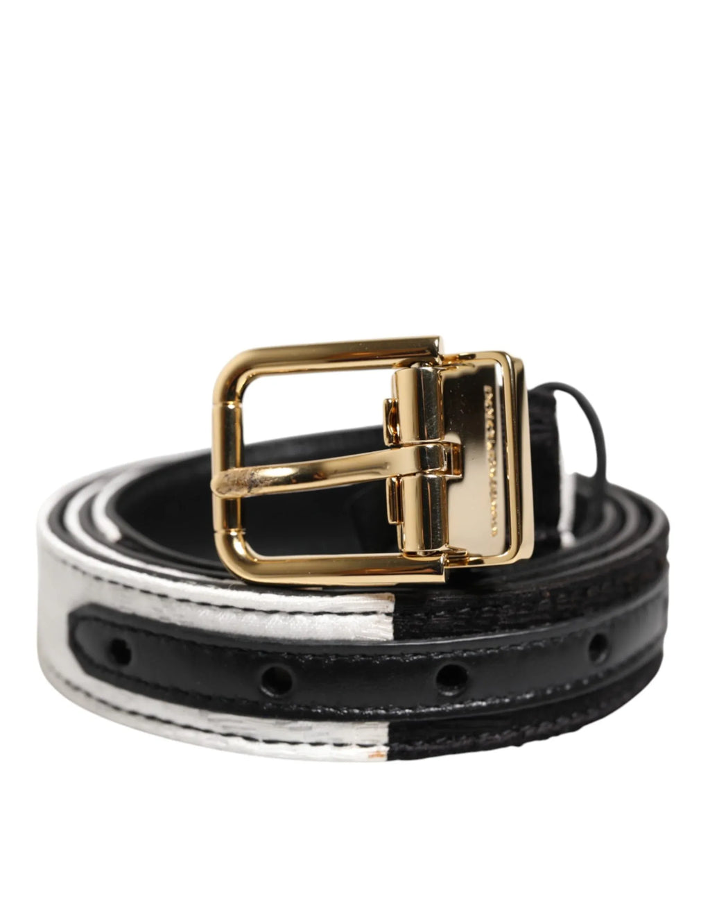 Dolce & Gabbana Black White Patchwork Gold Metal Buckle Belt - Zeiniez