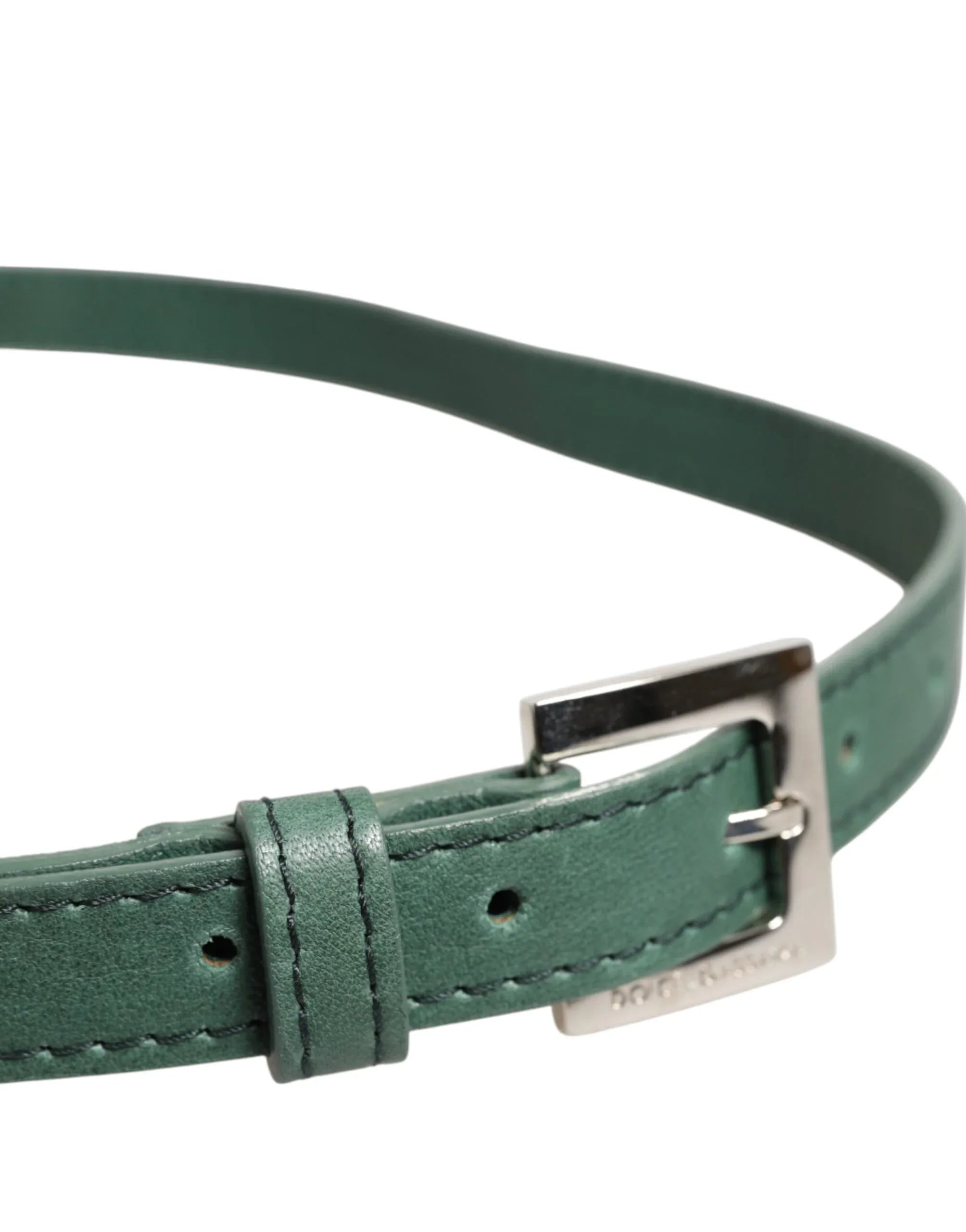 Dolce & Gabbana Dark Green Leather Silver Metal Buckle Belt - Zeiniez