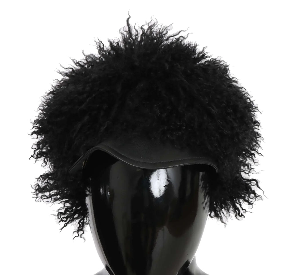 Dolce & Gabbana Black Tibet Lamb Fur Leather Gatsby Hat - Zeiniez