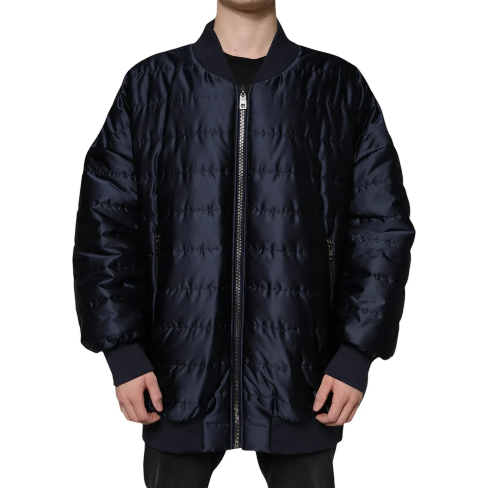 Dolce & Gabbana Dark Blue Quilted Full Zip Bomber Jacket - Zeiniez