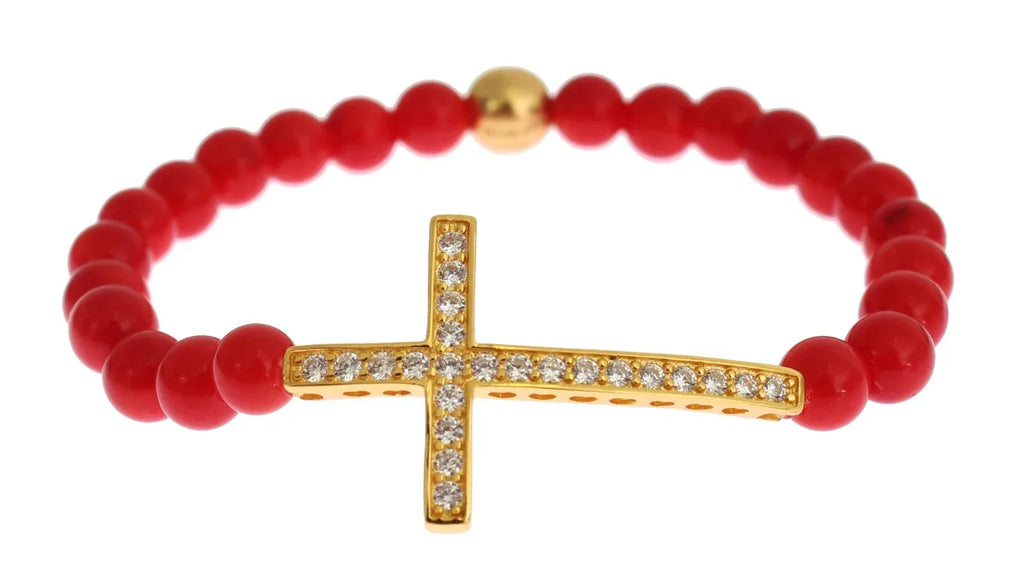 Nialaya Red Coral Gold CZ Cross 925 Silver Bracelet - Zeiniez