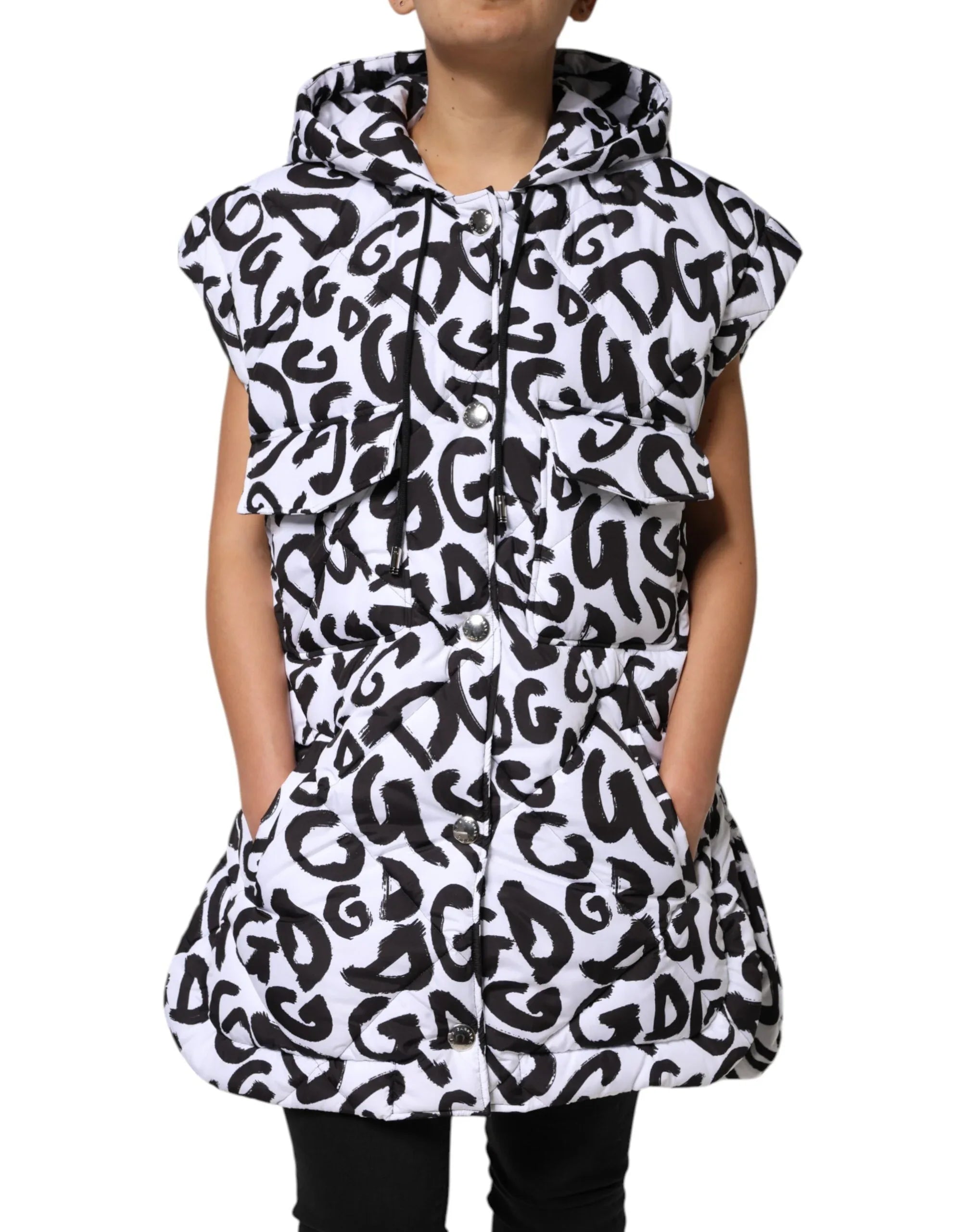 Dolce & Gabbana White DG Mania Hooded Sleeveless Puffer Jacket - Zeiniez