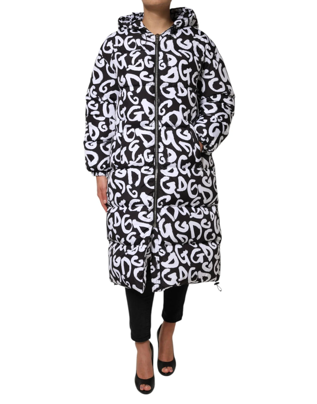 Dolce & Gabbana Black White DG Mania Hooded Long Coat Jacket - Zeiniez