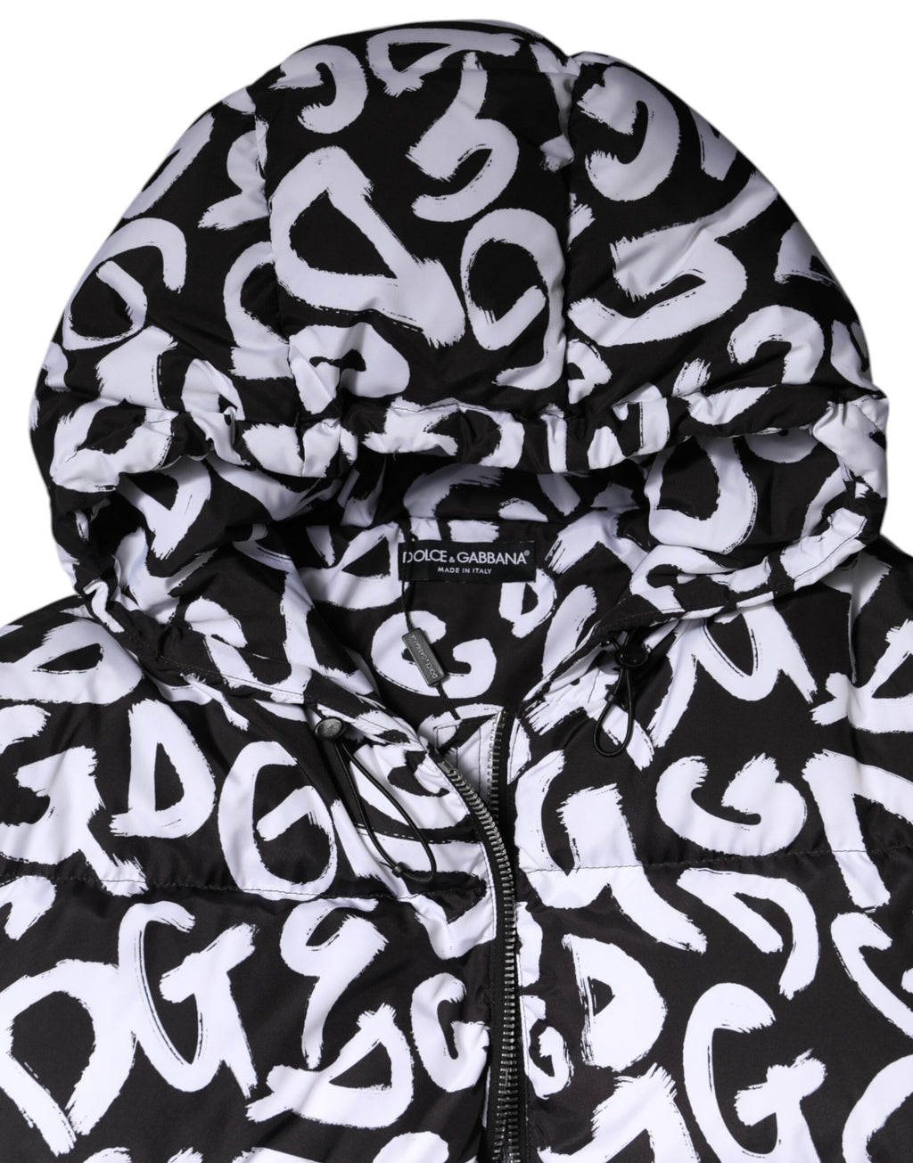 Dolce & Gabbana Black White DG Mania Hooded Long Coat Jacket
