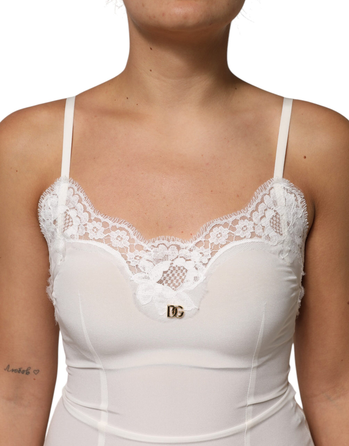 Dolce & Gabbana White Lace Gold DG Logo Silk Dress Sleepwear