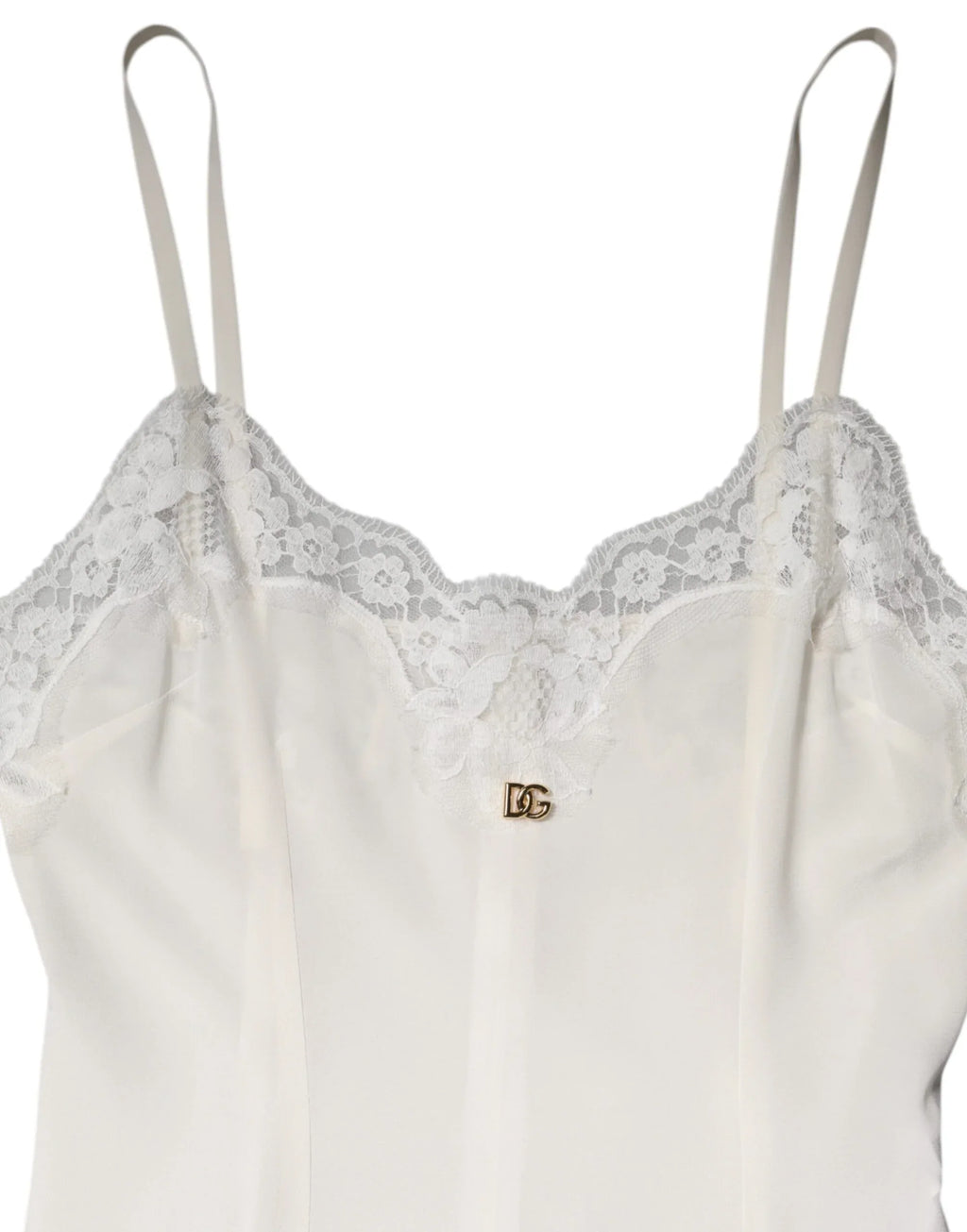 Dolce & Gabbana White Lace Gold DG Logo Silk Dress Sleepwear - Zeiniez