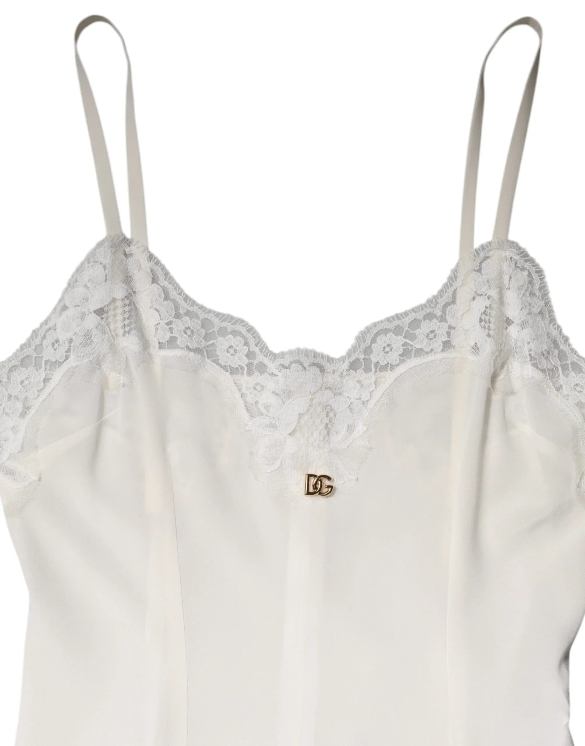 Dolce & Gabbana White Lace Gold DG Logo Silk Dress Sleepwear - Zeiniez