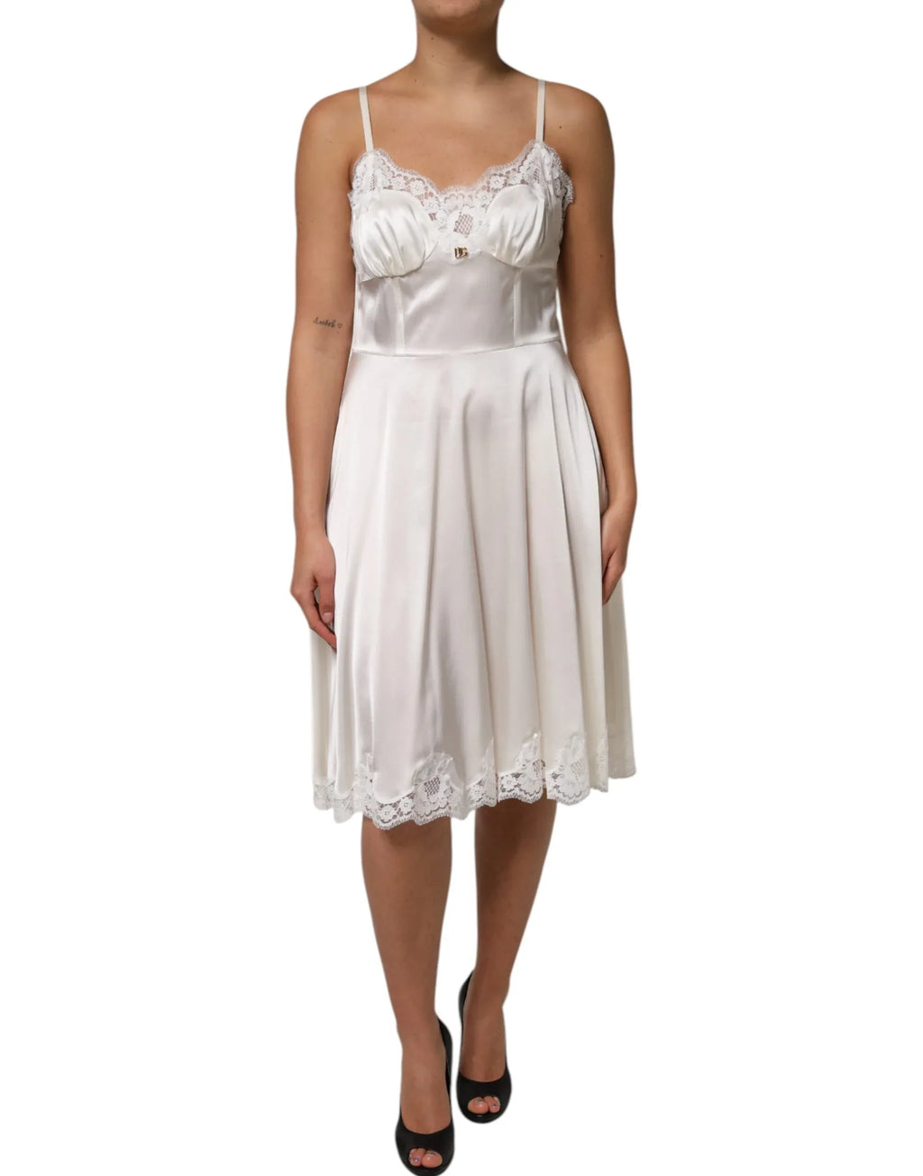 Dolce & Gabbana White Lace DG Logo Silk Dress Sleepwear - Zeiniez