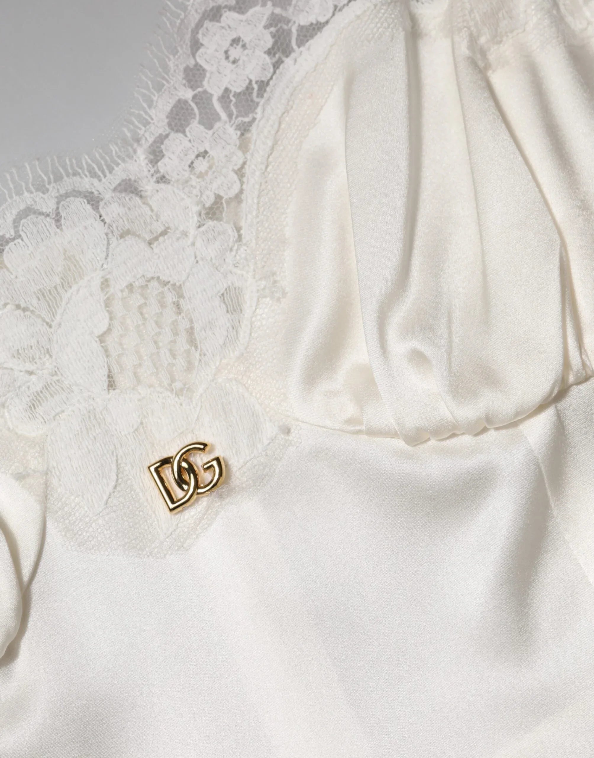 Dolce & Gabbana White Lace DG Logo Silk Dress Sleepwear - Zeiniez