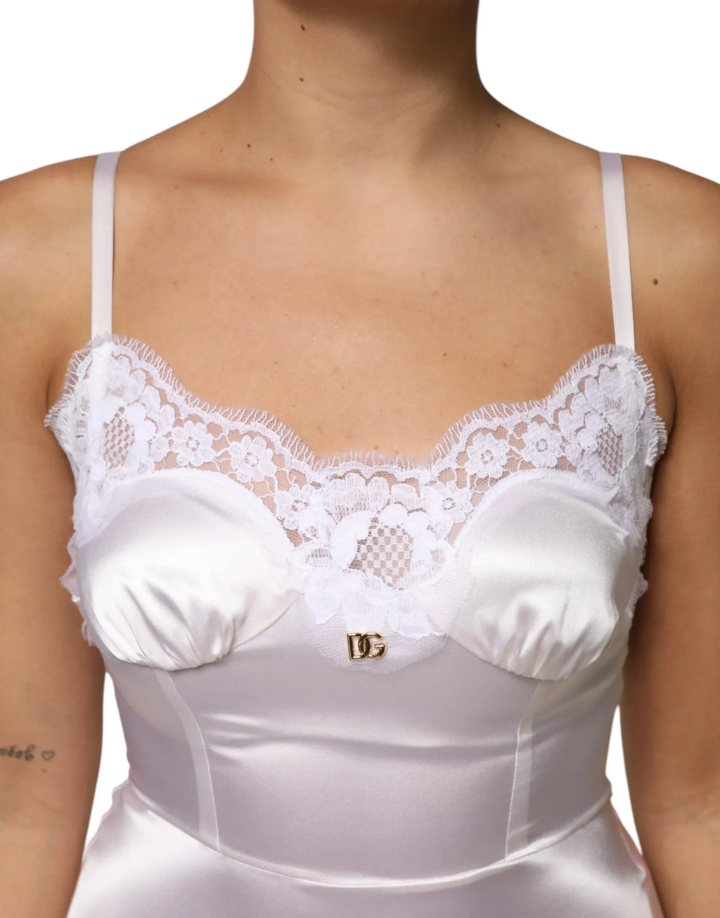 Dolce & Gabbana White Lace Gold DG Logo Silk Dress Sleepwear - Zeiniez