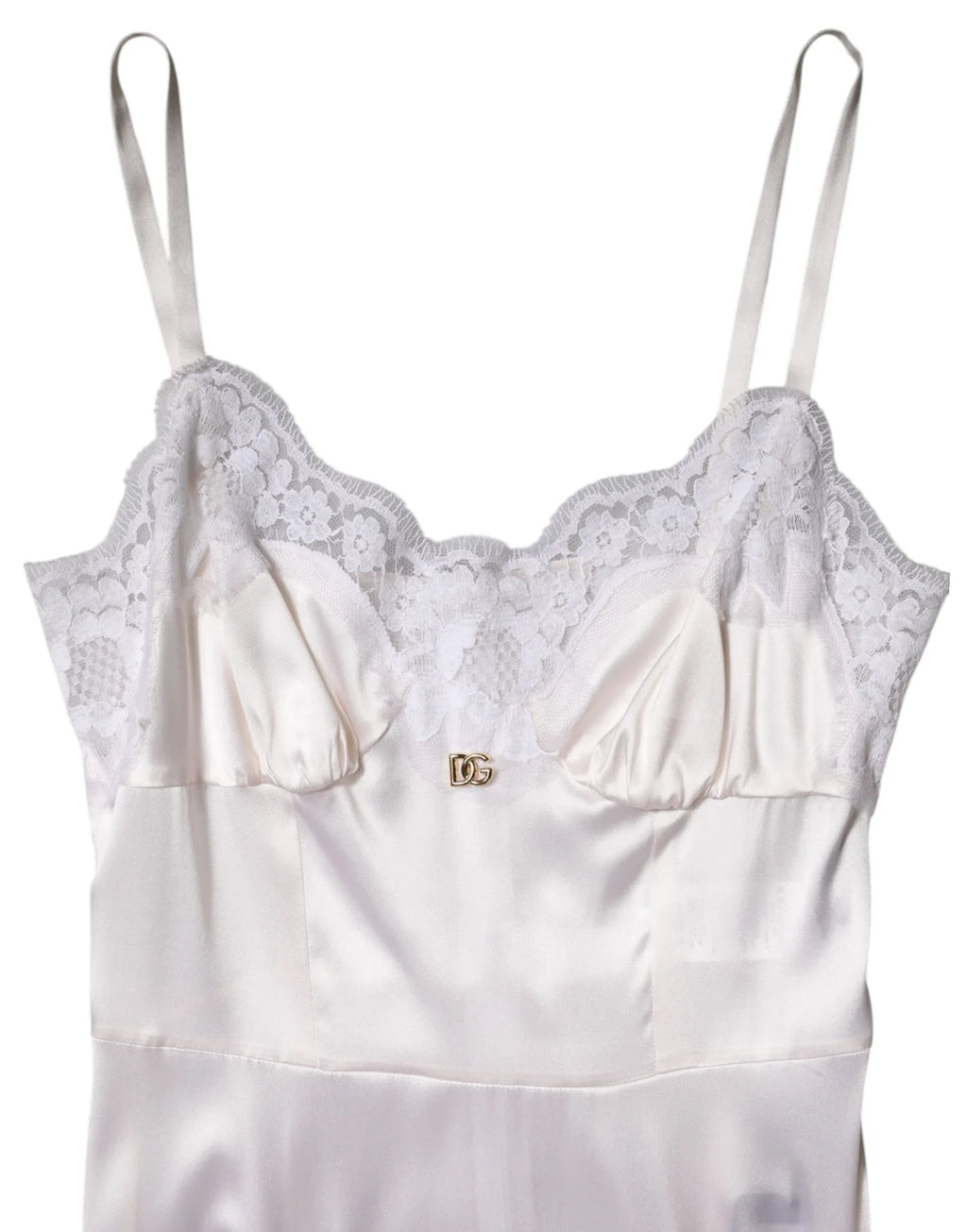 Dolce & Gabbana White Lace Gold DG Logo Silk Dress Sleepwear - Zeiniez