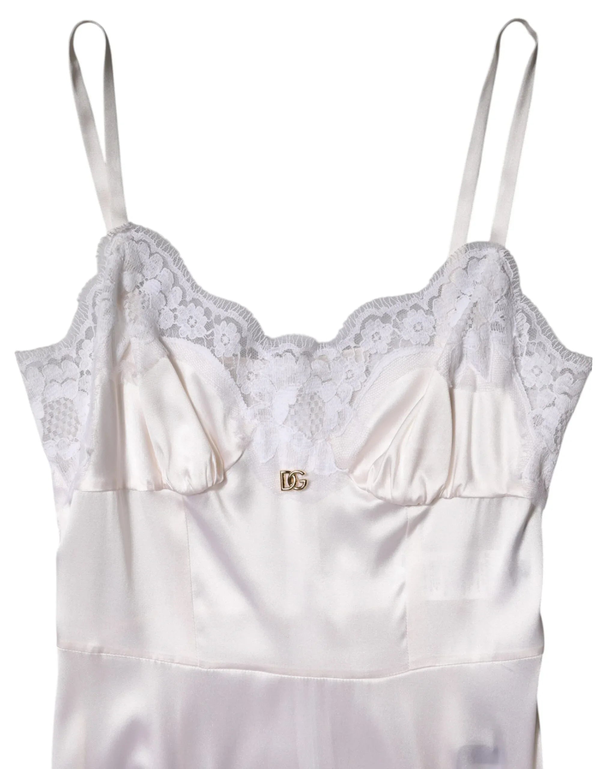 Dolce & Gabbana White Lace Gold DG Logo Silk Dress Sleepwear - Zeiniez