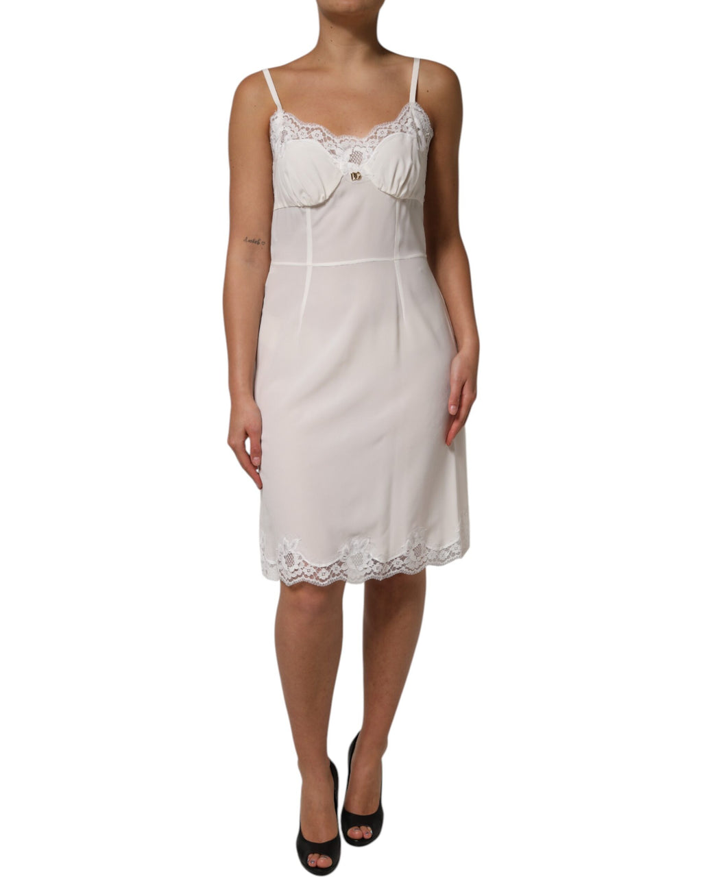 Dolce & Gabbana White Lace Gold DG Logo Silk Dress Sleepwear