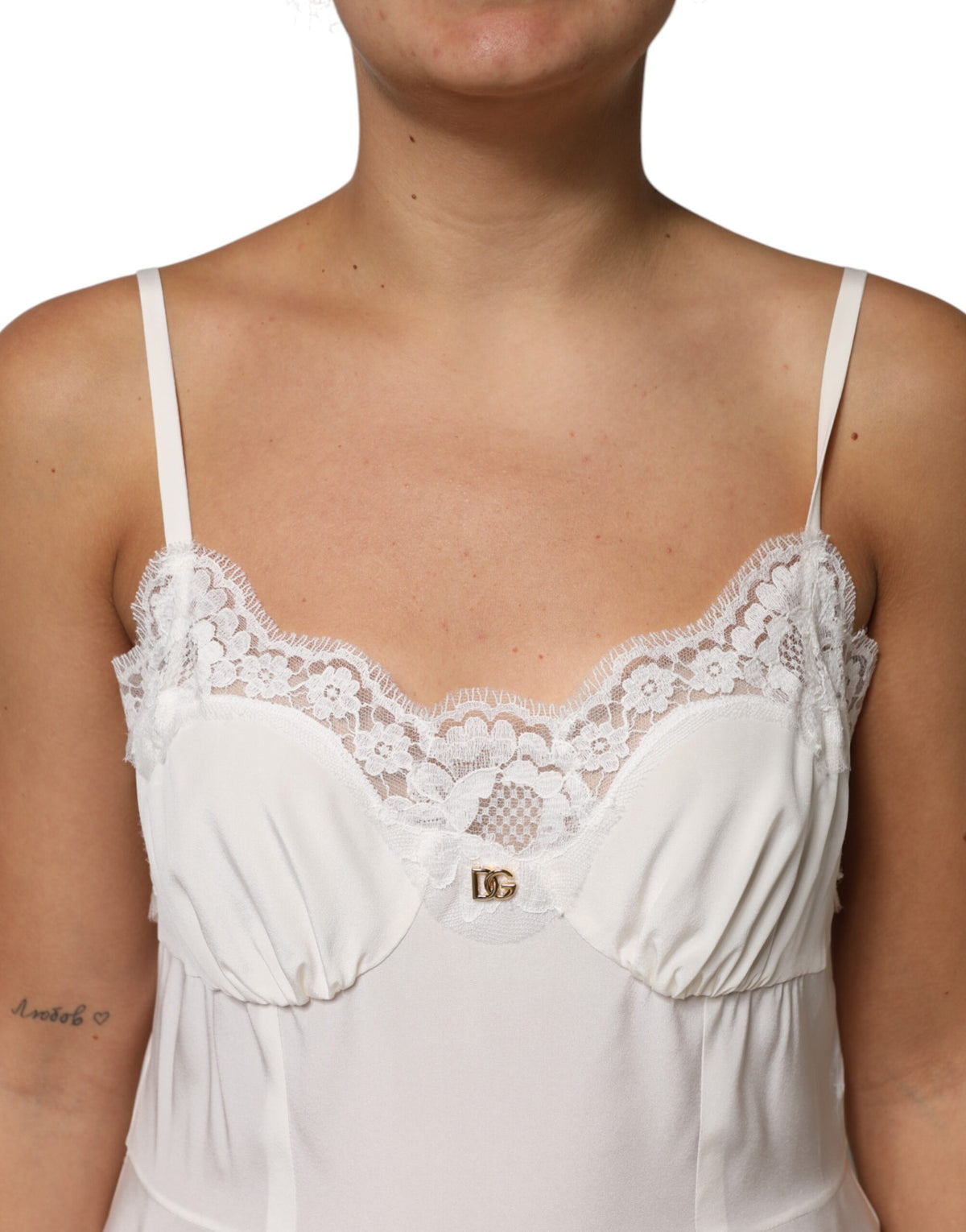 Dolce & Gabbana White Lace Gold DG Logo Silk Dress Sleepwear