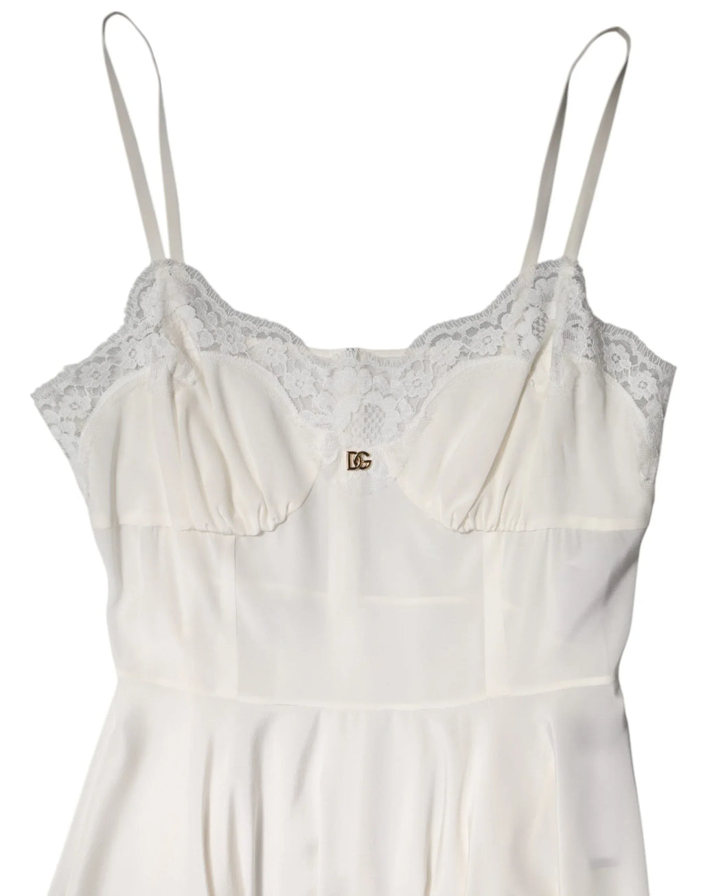 Dolce & Gabbana White Lace Gold DG Logo Silk Dress Sleepwear - Zeiniez