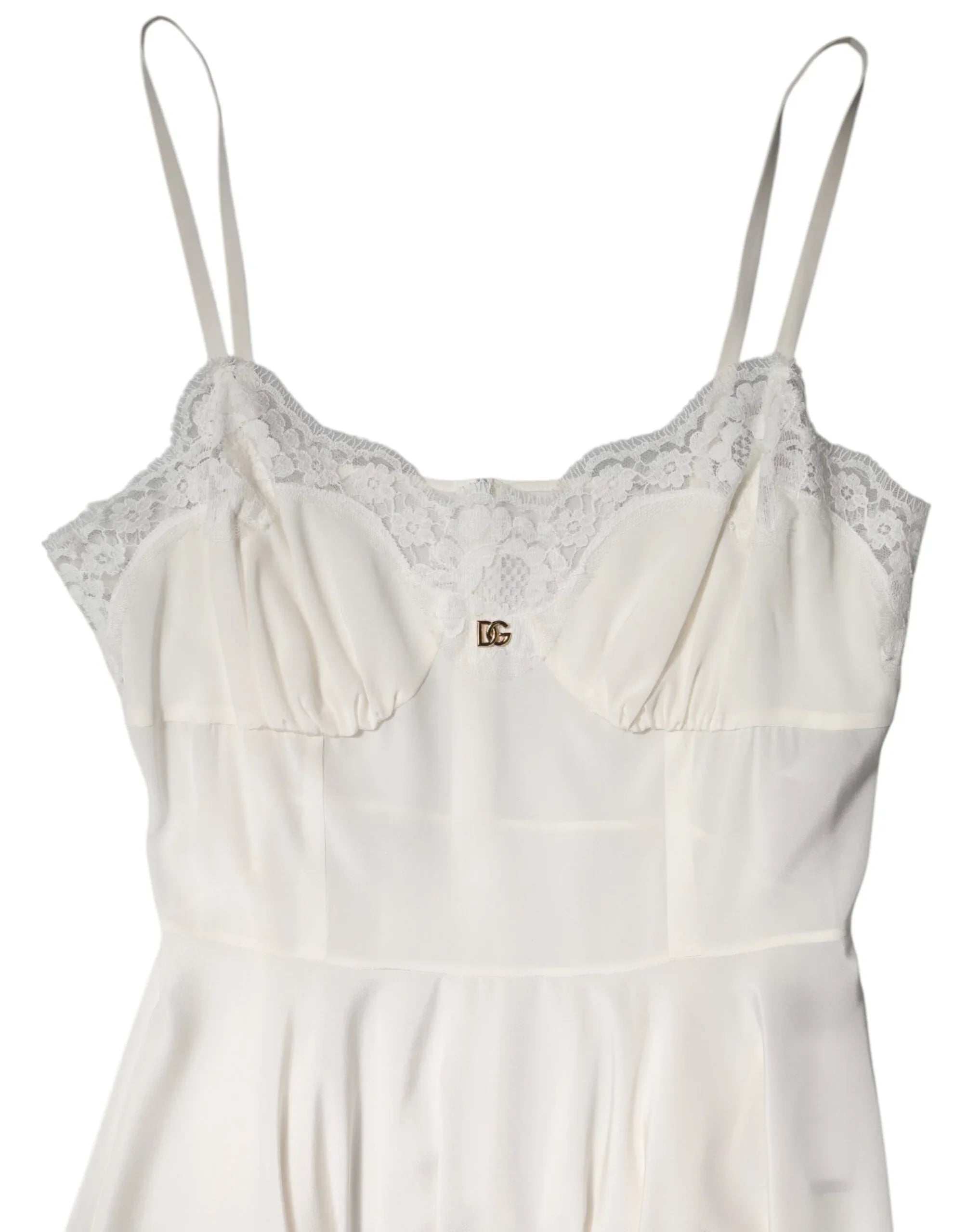 Dolce & Gabbana White Lace Gold DG Logo Silk Dress Sleepwear - Zeiniez