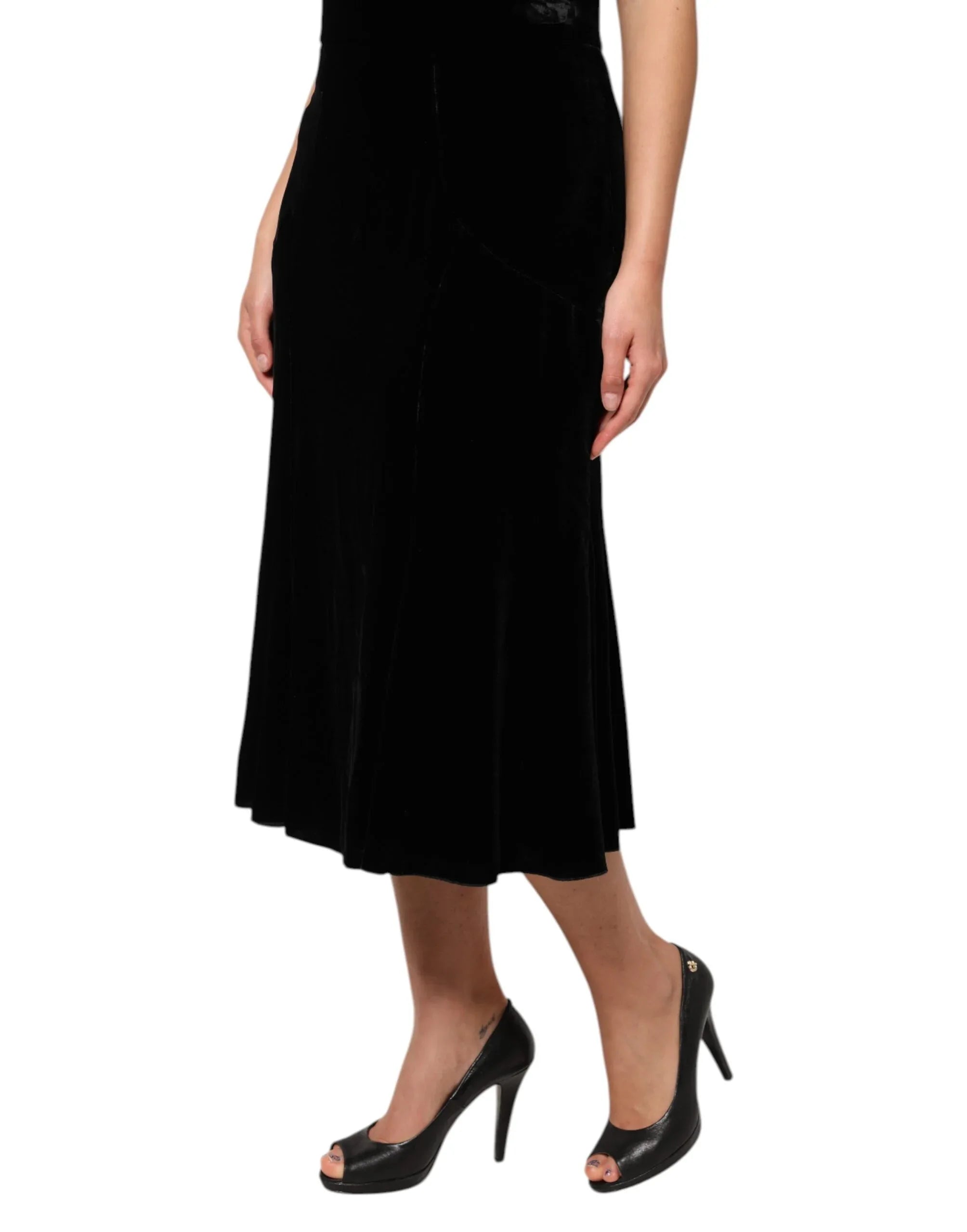 Dolce & Gabbana Black High Waist Fit Flared Midi Skirt - Zeiniez