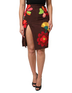 Dolce & Gabbana Brown Floral High Waist Side Slit Skirt - Zeiniez