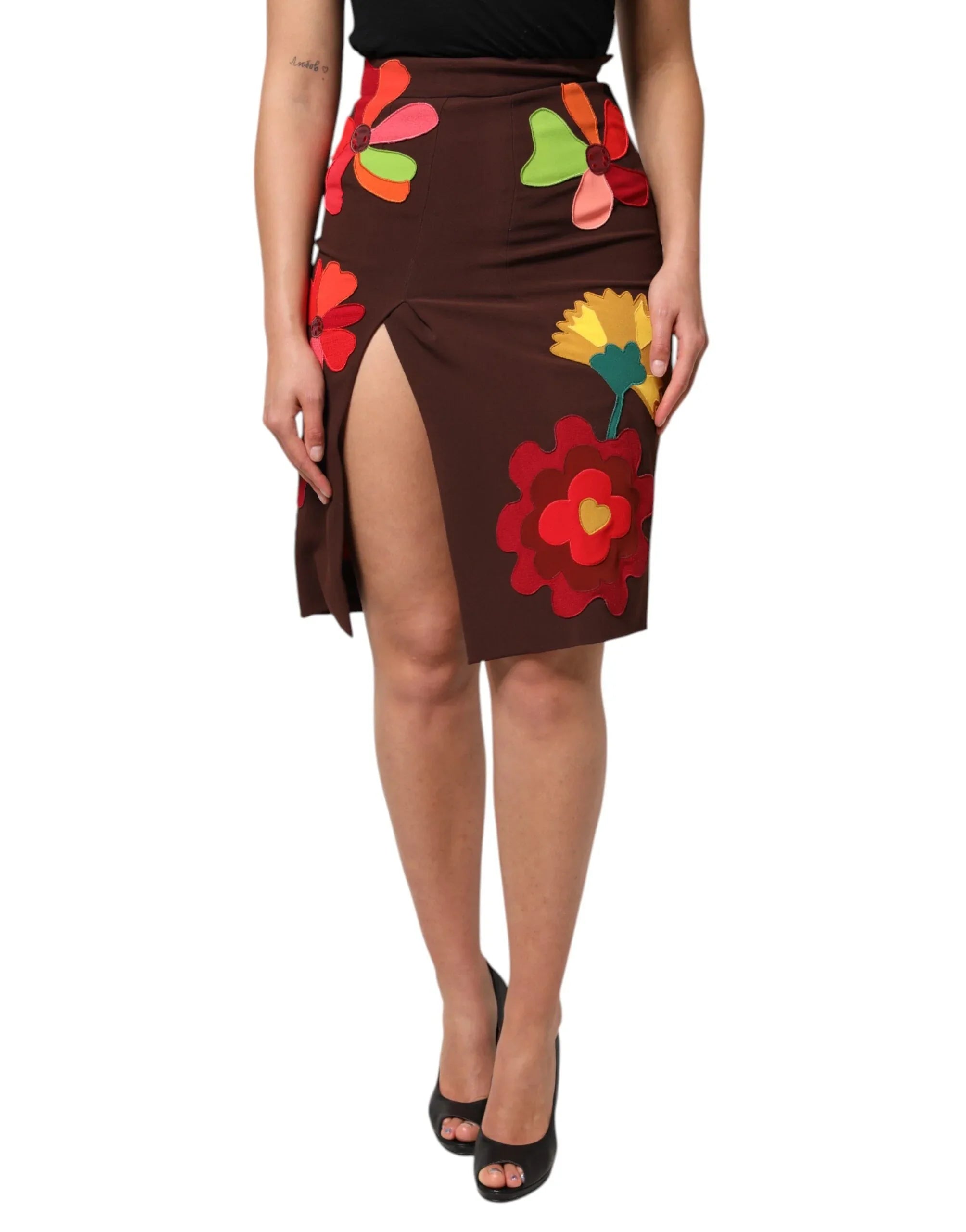 Dolce & Gabbana Brown Floral High Waist Side Slit Skirt - Zeiniez