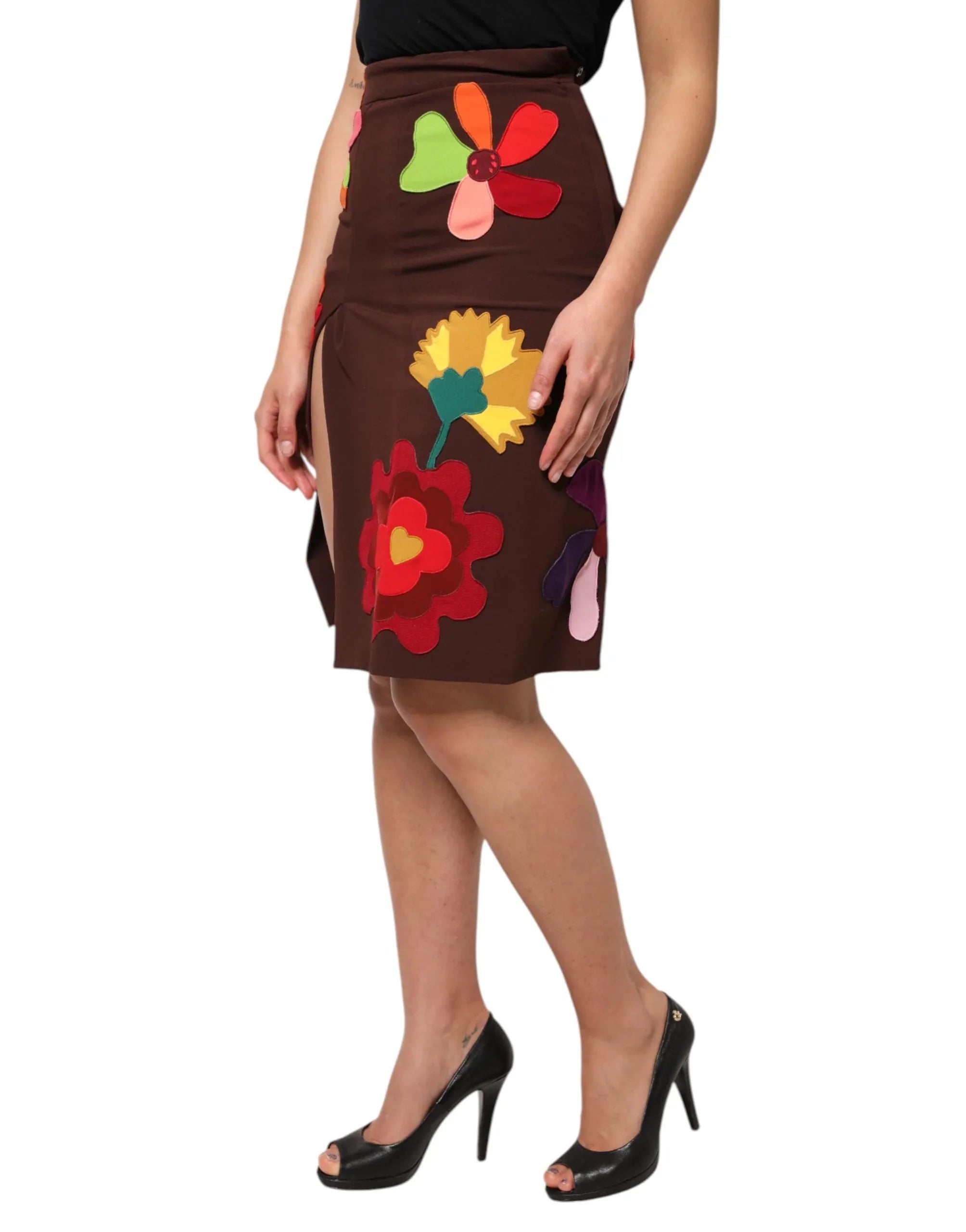 Dolce & Gabbana Brown Floral High Waist Side Slit Skirt - Zeiniez