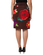 Dolce & Gabbana Brown Floral High Waist Side Slit Skirt - Zeiniez