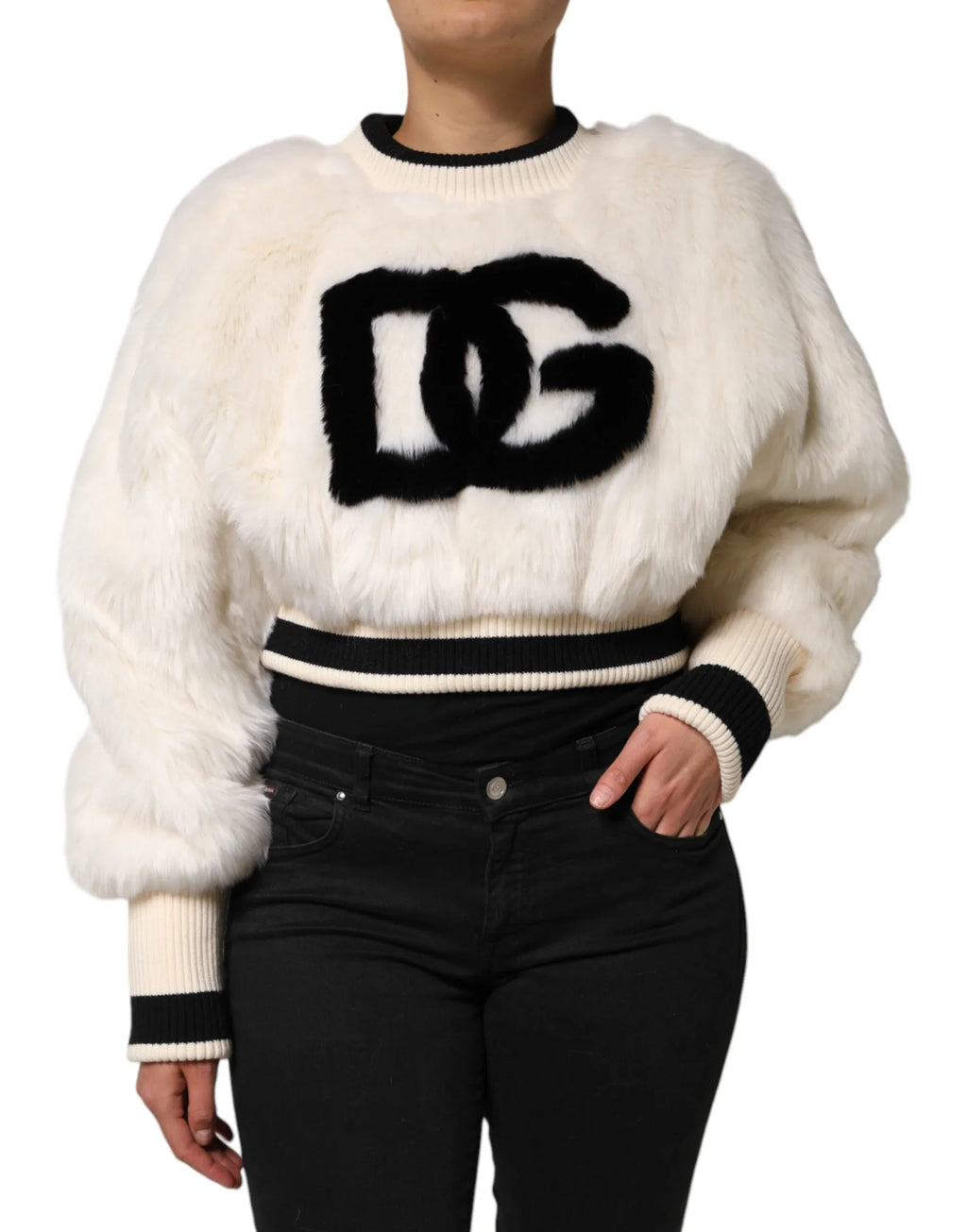 Dolce & Gabbana White Cropped Faux Fur DG Sweatshirt Sweater - Zeiniez