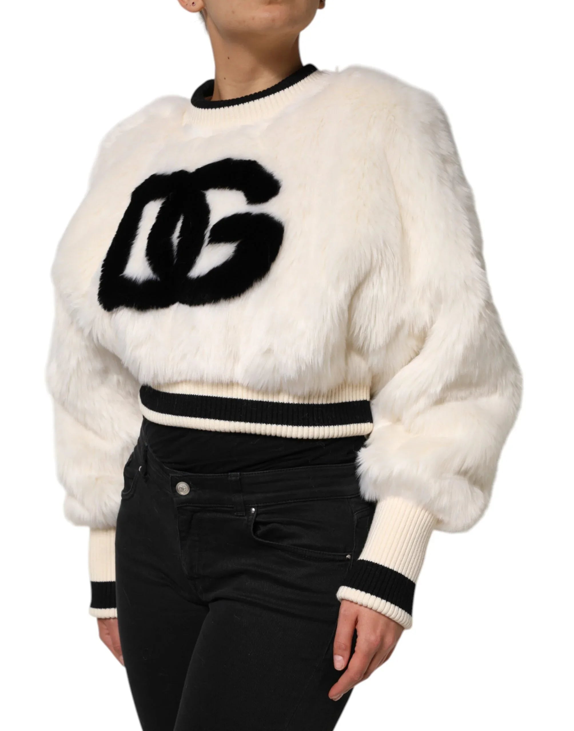 Dolce & Gabbana White Cropped Faux Fur DG Sweatshirt Sweater - Zeiniez