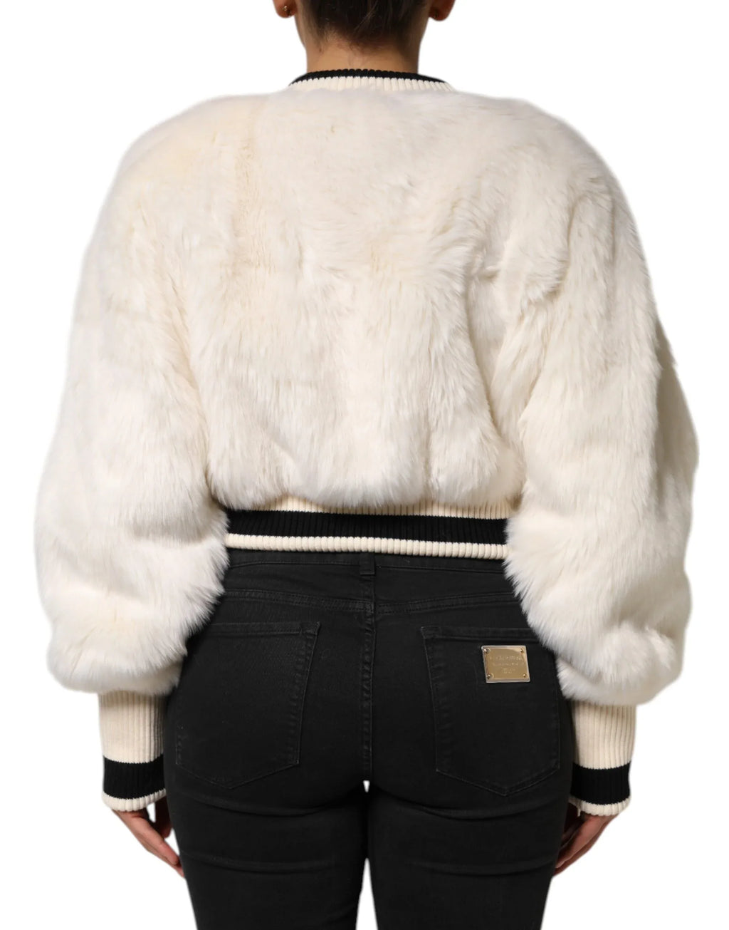 Dolce & Gabbana White Cropped Faux Fur DG Sweatshirt Sweater - Zeiniez