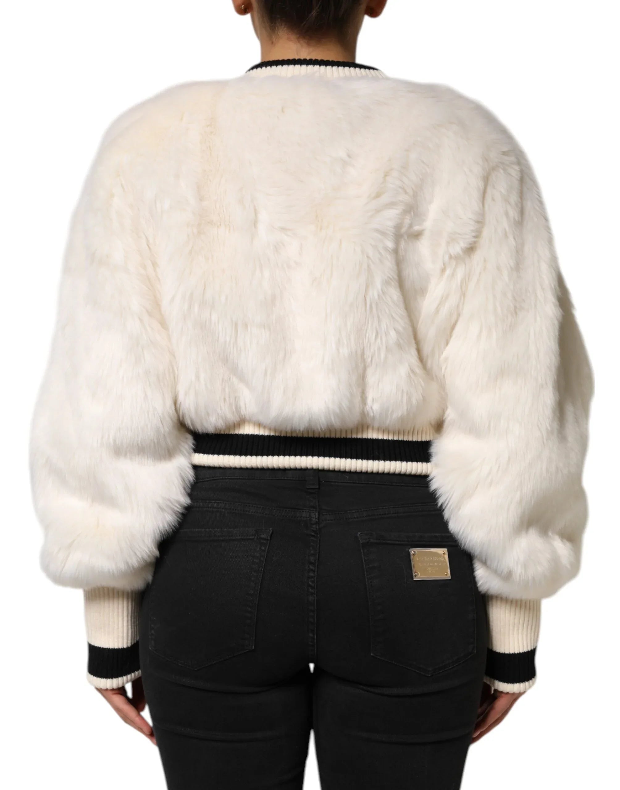 Dolce & Gabbana White Cropped Faux Fur DG Sweatshirt Sweater - Zeiniez