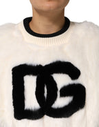 Dolce & Gabbana White Cropped Faux Fur DG Sweatshirt Sweater - Zeiniez