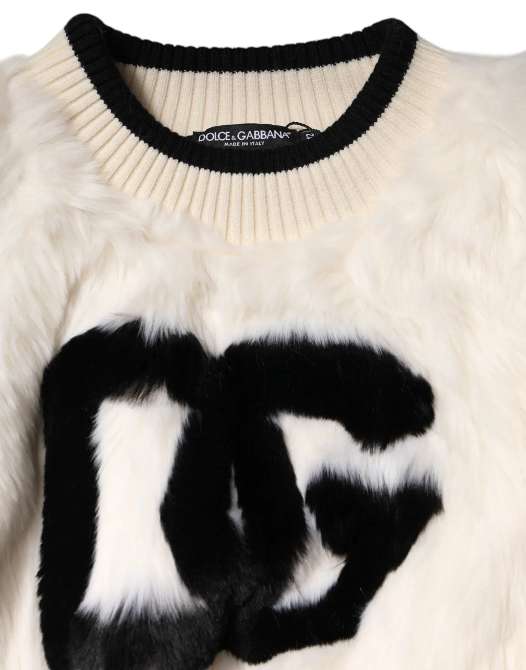 Dolce & Gabbana White Cropped Faux Fur DG Sweatshirt Sweater - Zeiniez