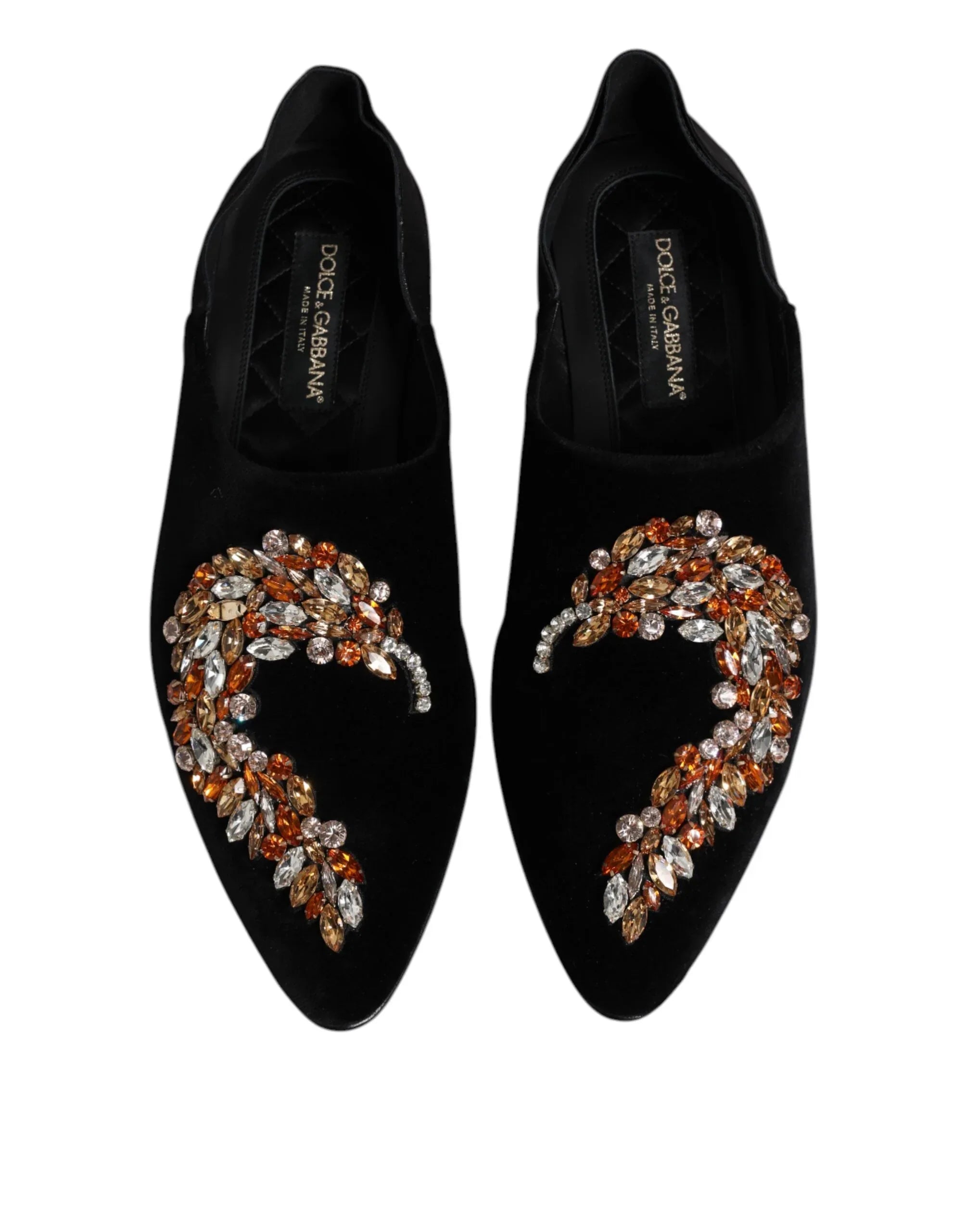 Dolce & Gabbana Black Velvet Embellished Loafer Slip On Shoes - Zeiniez