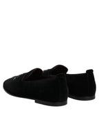 Dolce & Gabbana Black Velvet Embellished Loafer Slip On Shoes