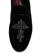 Dolce & Gabbana Black Velvet Embellished Loafer Slip On Shoes