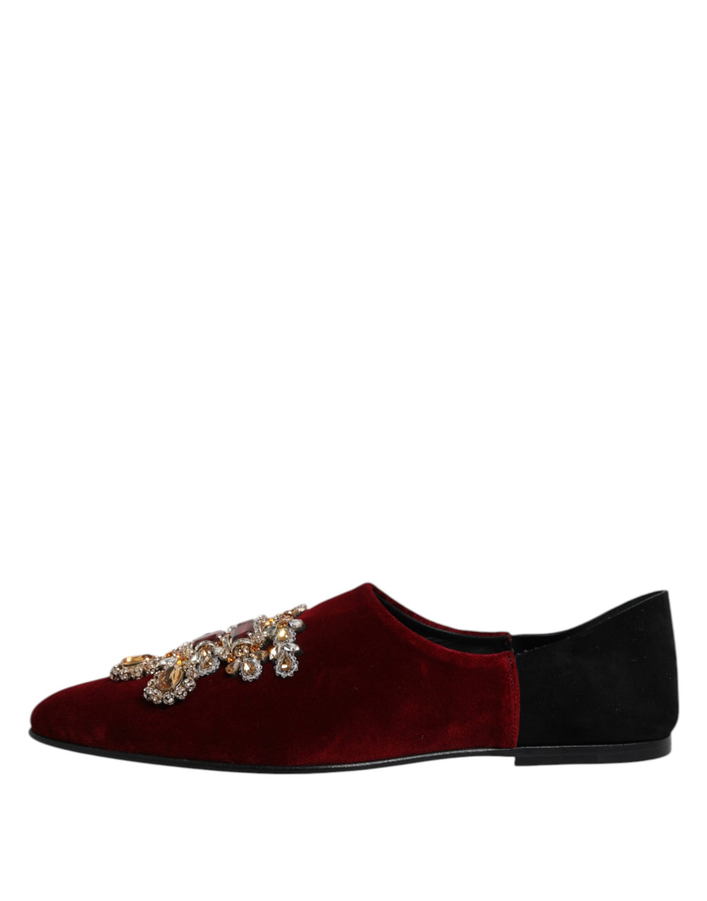 Dolce & Gabbana Black Red Velvet Embellished Slip On Shoes