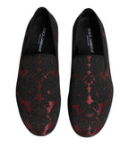 Dolce & Gabbana Red Black Jacquard Slip On Men Loafers Shoes