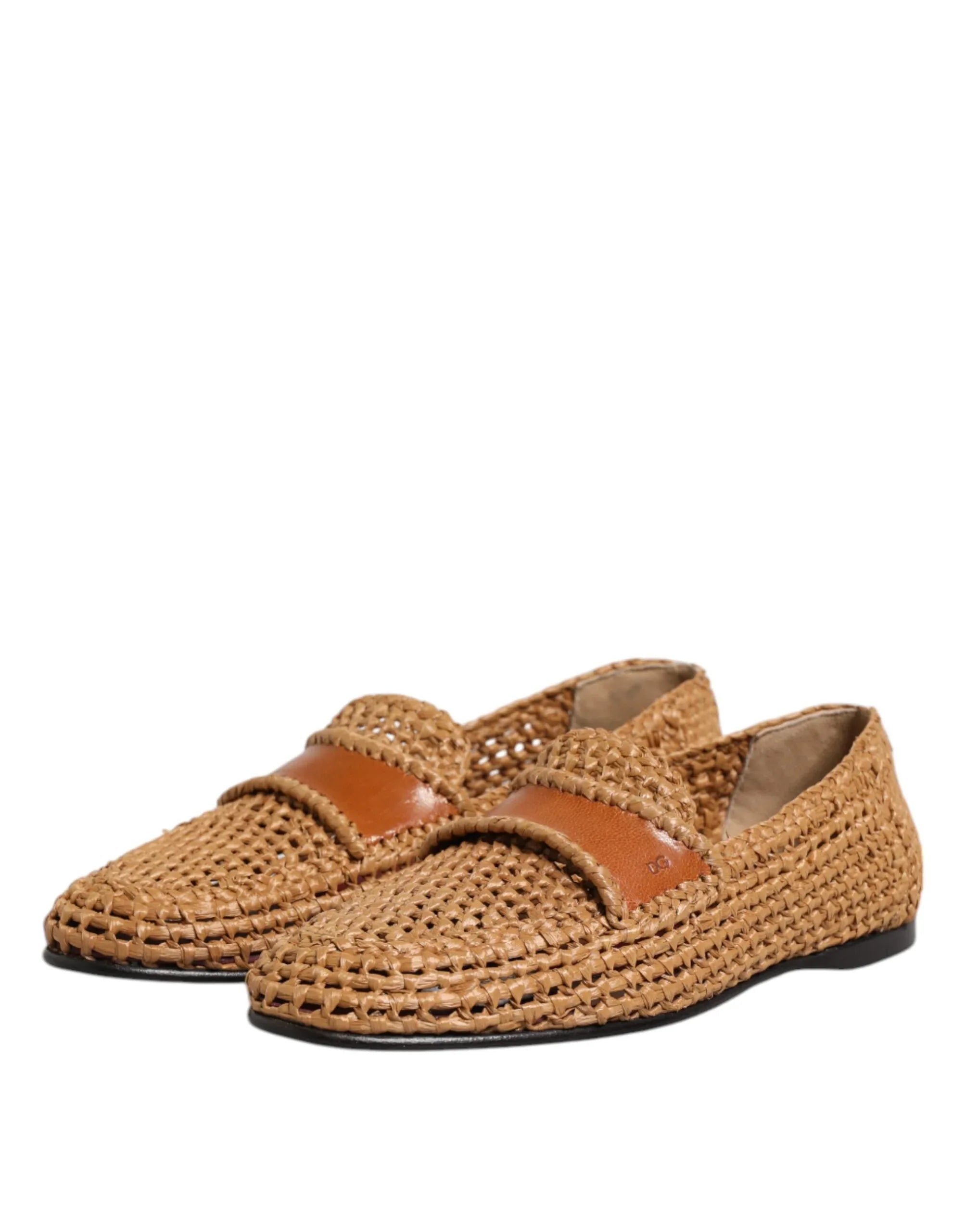 Dolce & Gabbana Brown Woven Raffia Slip On Loafers Shoes - Zeiniez